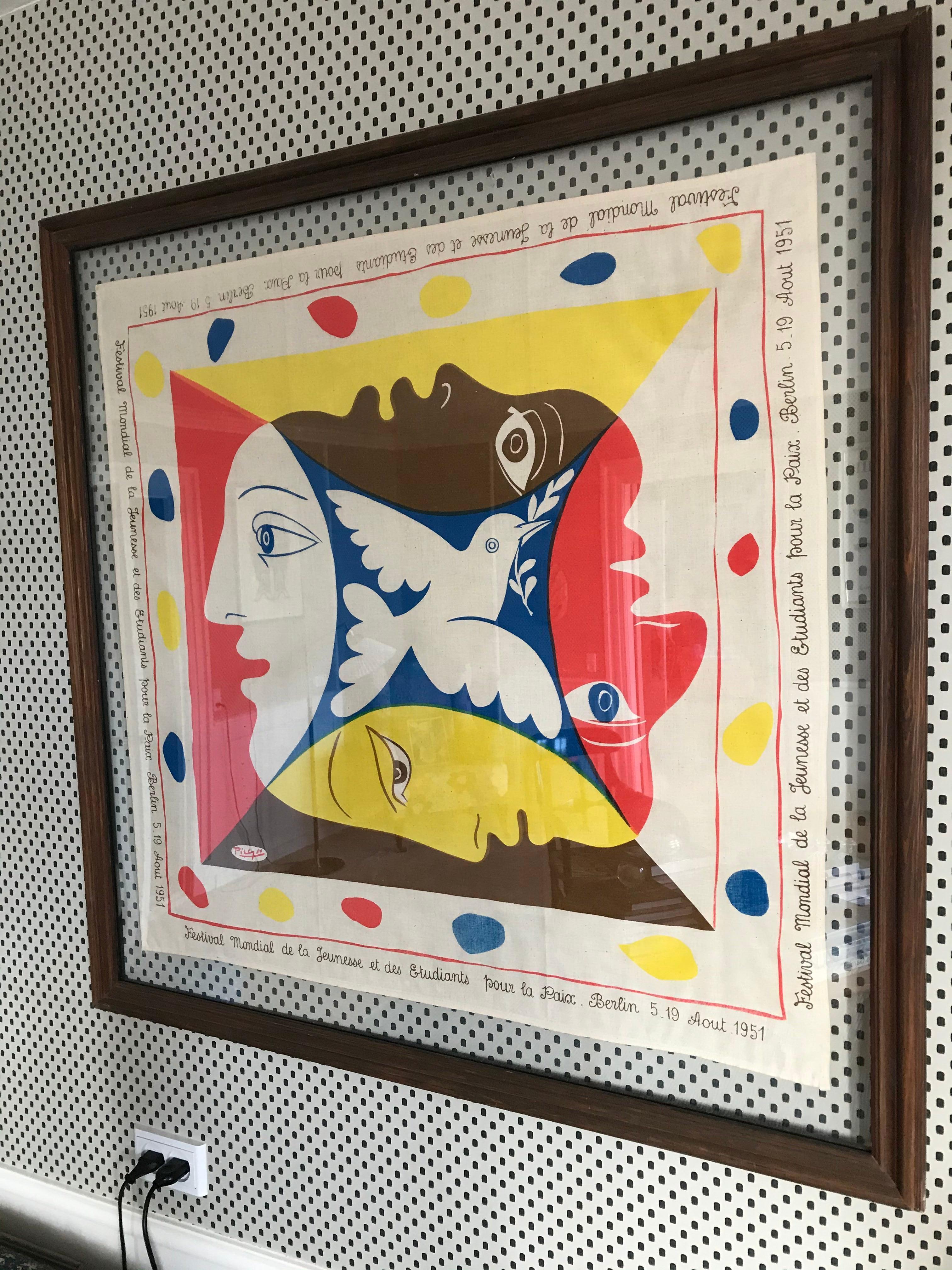 Vintage Picasso Framed Cotton Scarf With Multicolored Print, Germany, 1951 In Good Condition In Copenhagen K, DK