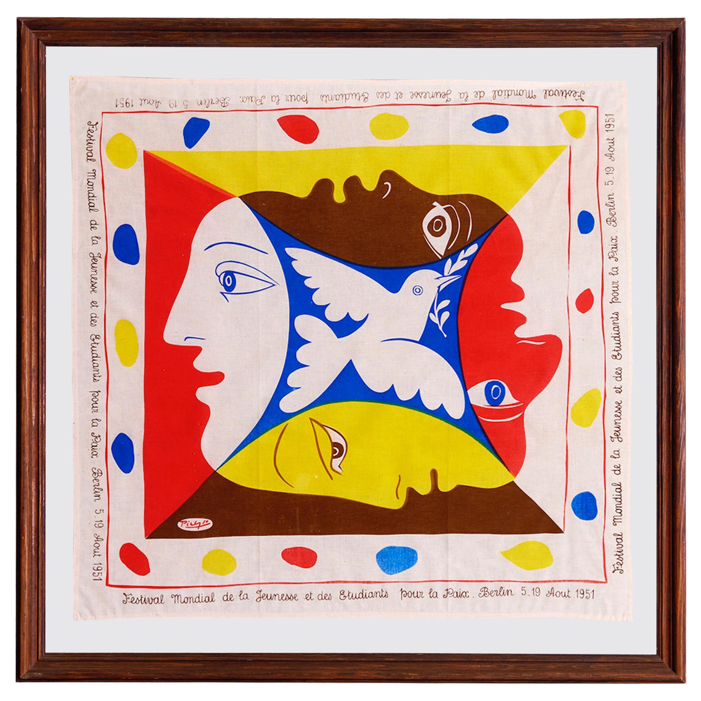 Vintage Picasso Framed Cotton Scarf With Multicolored Print, Germany, 1951