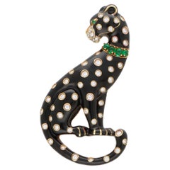 Vintage Picchiotti Onyx, Emerald and Diamond Leopard Brooch in 18k Yellow Gold