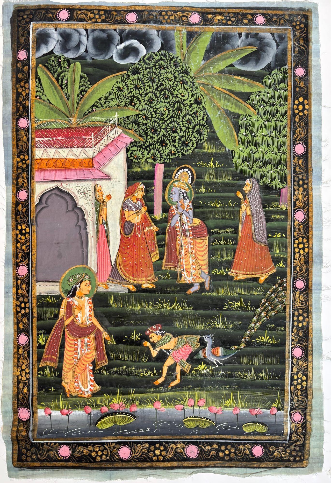 Vintage Pichhavai Malerei von Krishna und Gopis, Gouache auf Seide Rajasthan Indien im Angebot 5