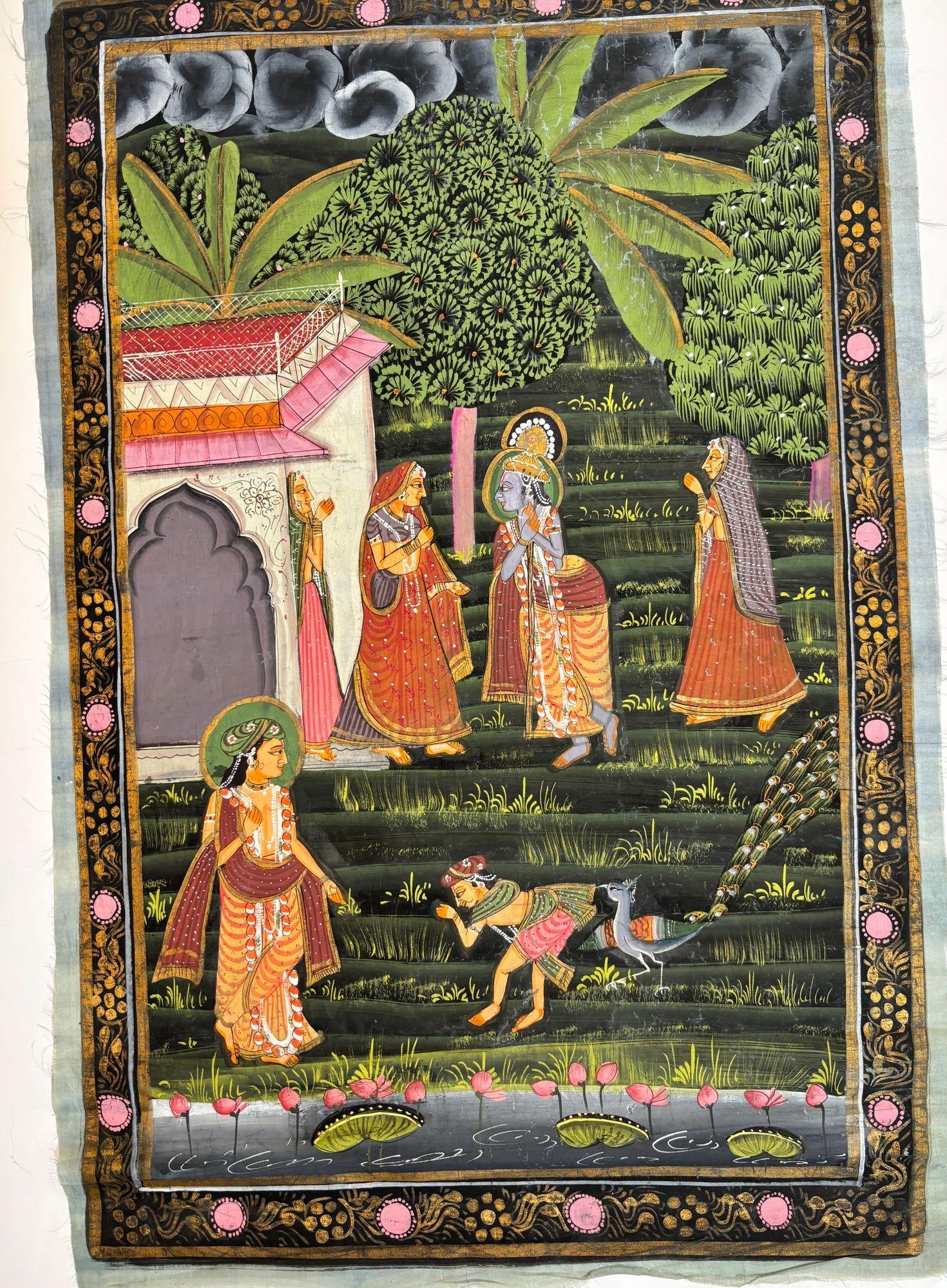 Vintage Pichhavai Malerei von Krishna und Gopis, Gouache & Gold auf Tuch, Rajasthan
Lebendige indische Miniaturmalerei im Pichhavai-Stil, die Krishnas Raas Leela mit Radha und den Gopis in einer üppigen Waldlandschaft darstellt. Handgemalt in