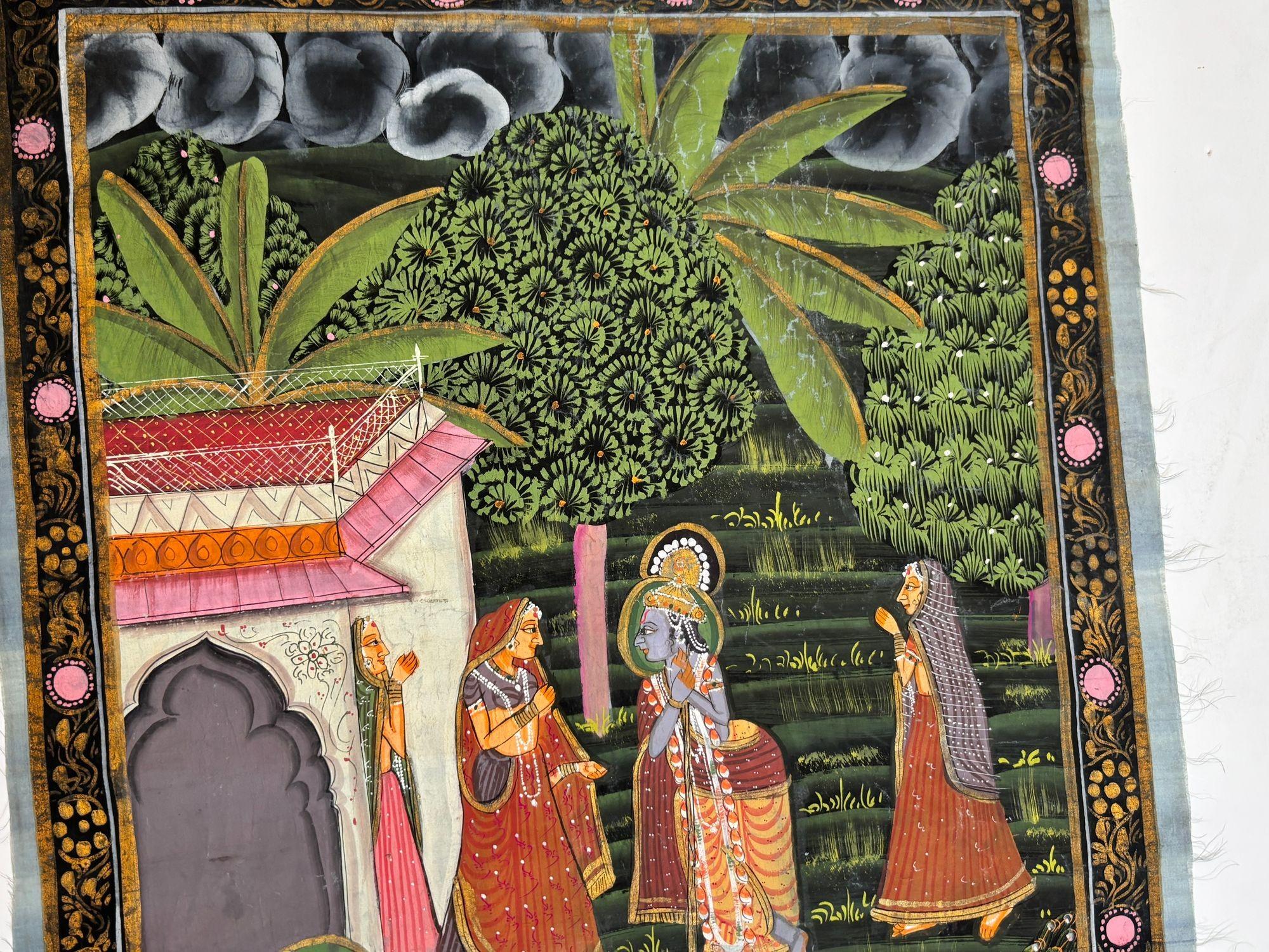 Vintage Pichhavai Malerei von Krishna und Gopis, Gouache auf Seide Rajasthan Indien (20. Jahrhundert) im Angebot