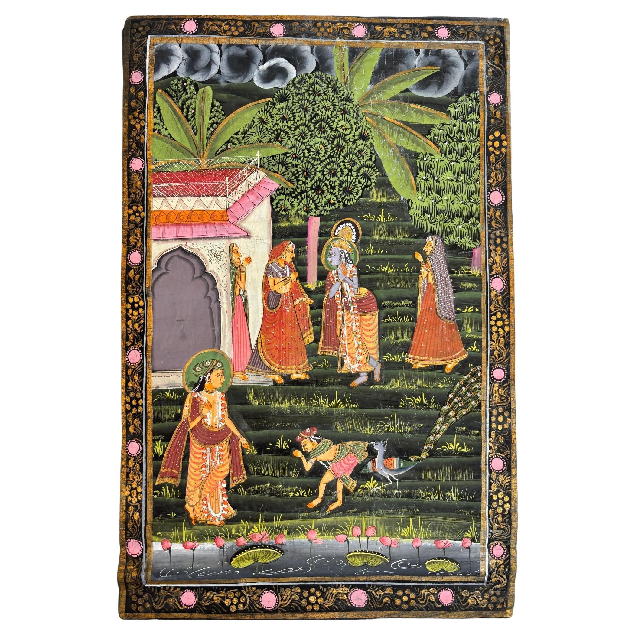 Vintage Pichhavai Malerei von Krishna und Gopis, Gouache auf Seide Rajasthan Indien
