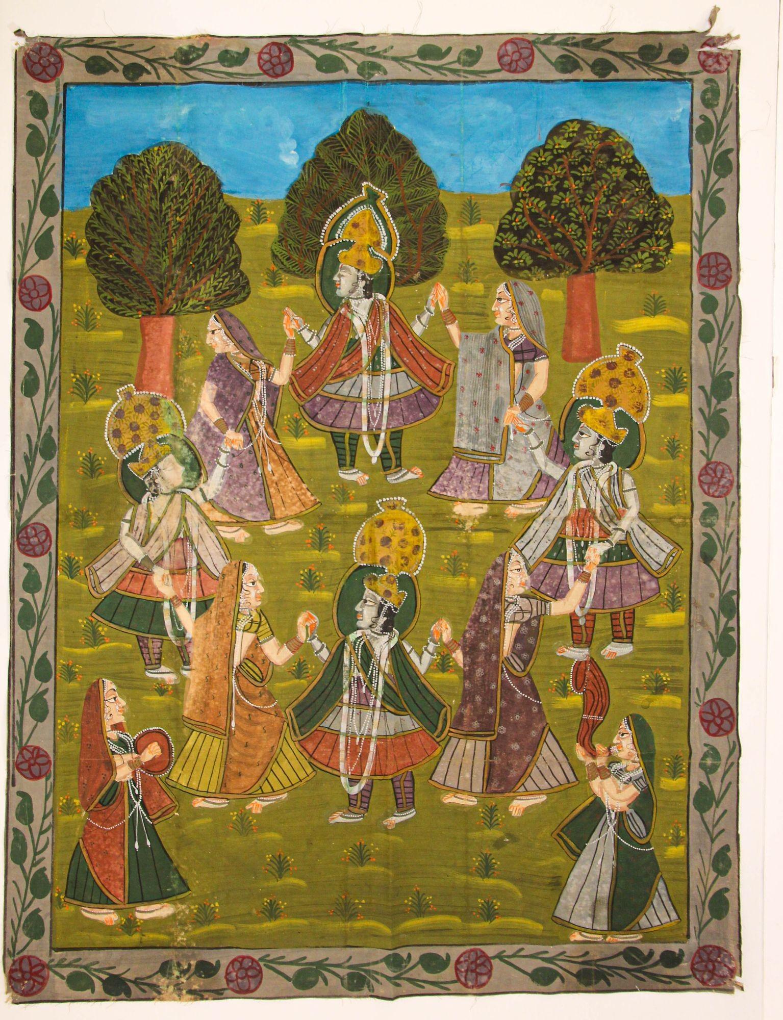 Grande peinture Vintage Pichhavai de Krishna avec des femmes Gopis dansant.
Pichhavai coloré peint à la main sur un tissu en coton, vers 1940, représentant une scène de la vie de Krishna, dans un jardin.
Peinture Pichhavai unique en son genre