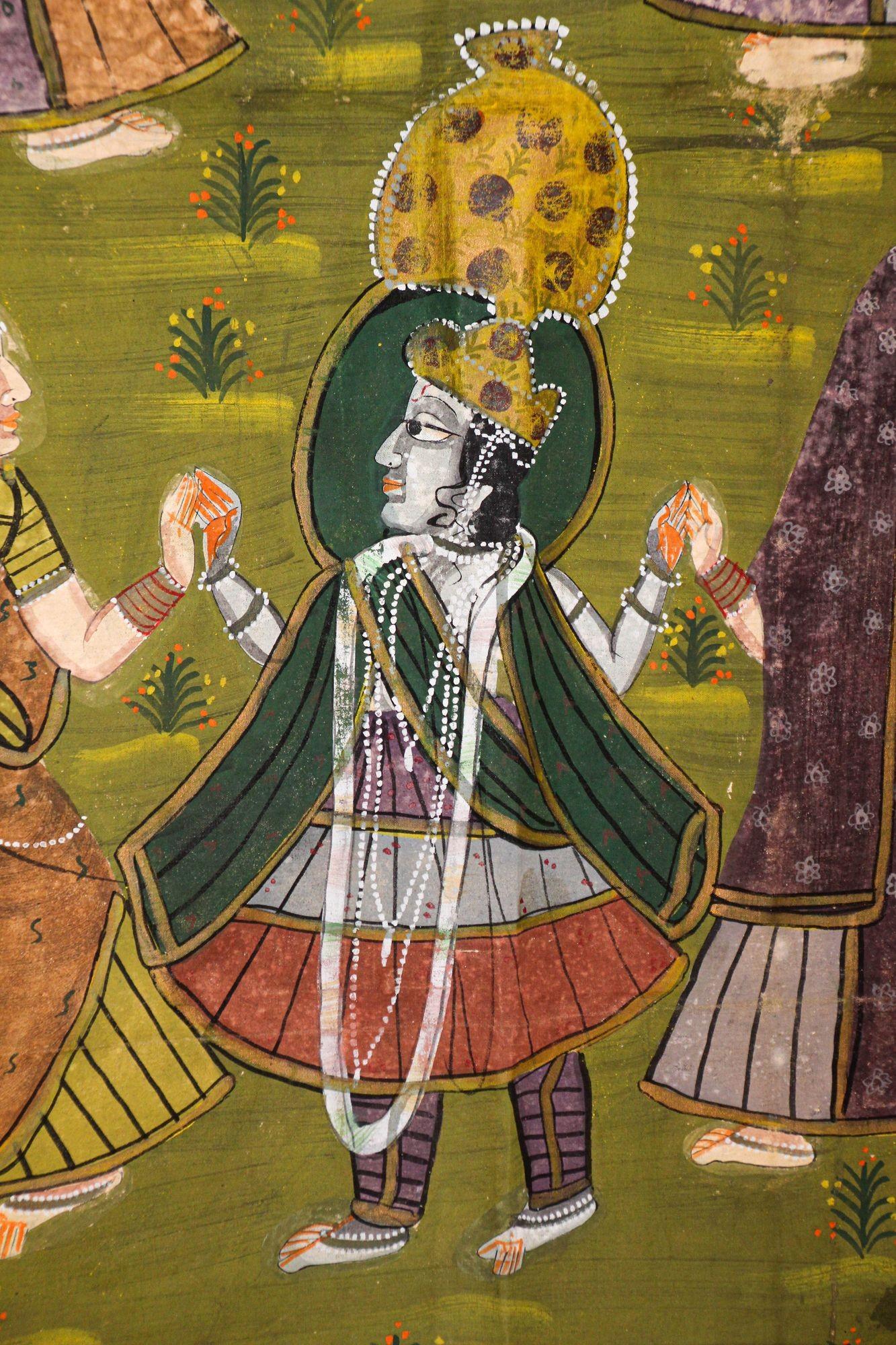 20ième siècle Peinture vintage Pichhavai représentant Krishna avec une danse de chèvrefeuille en vente