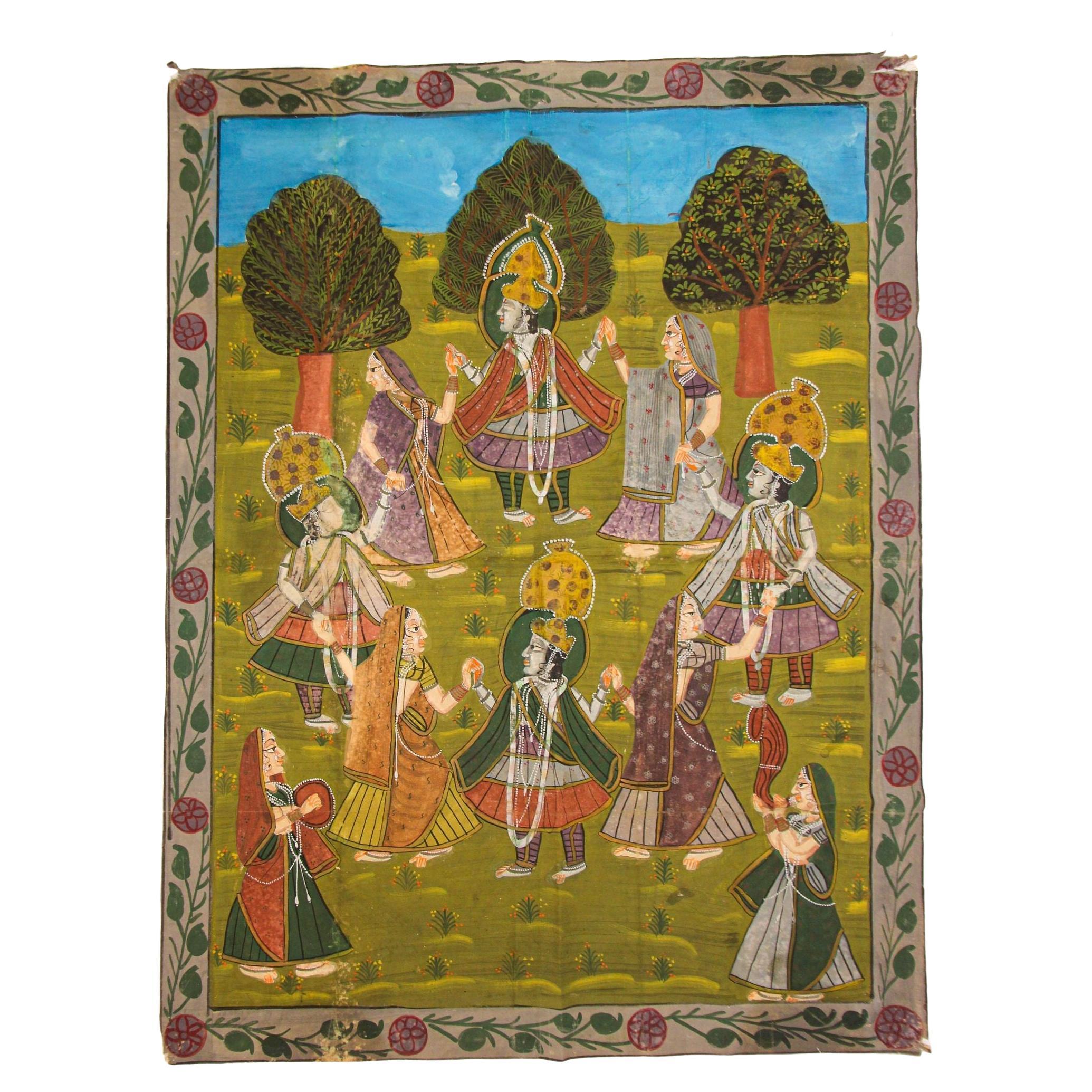 Vintage Pichhavai Painting of Krishna with Female Gopis Dancing