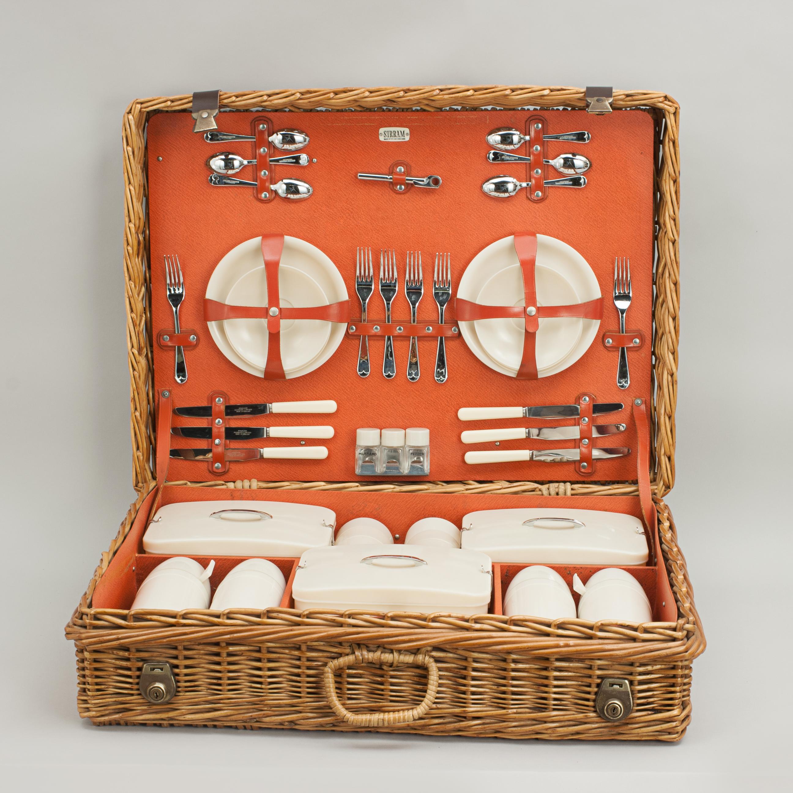 Mid-20th Century Vintage Picnic Set in Wicker Basket