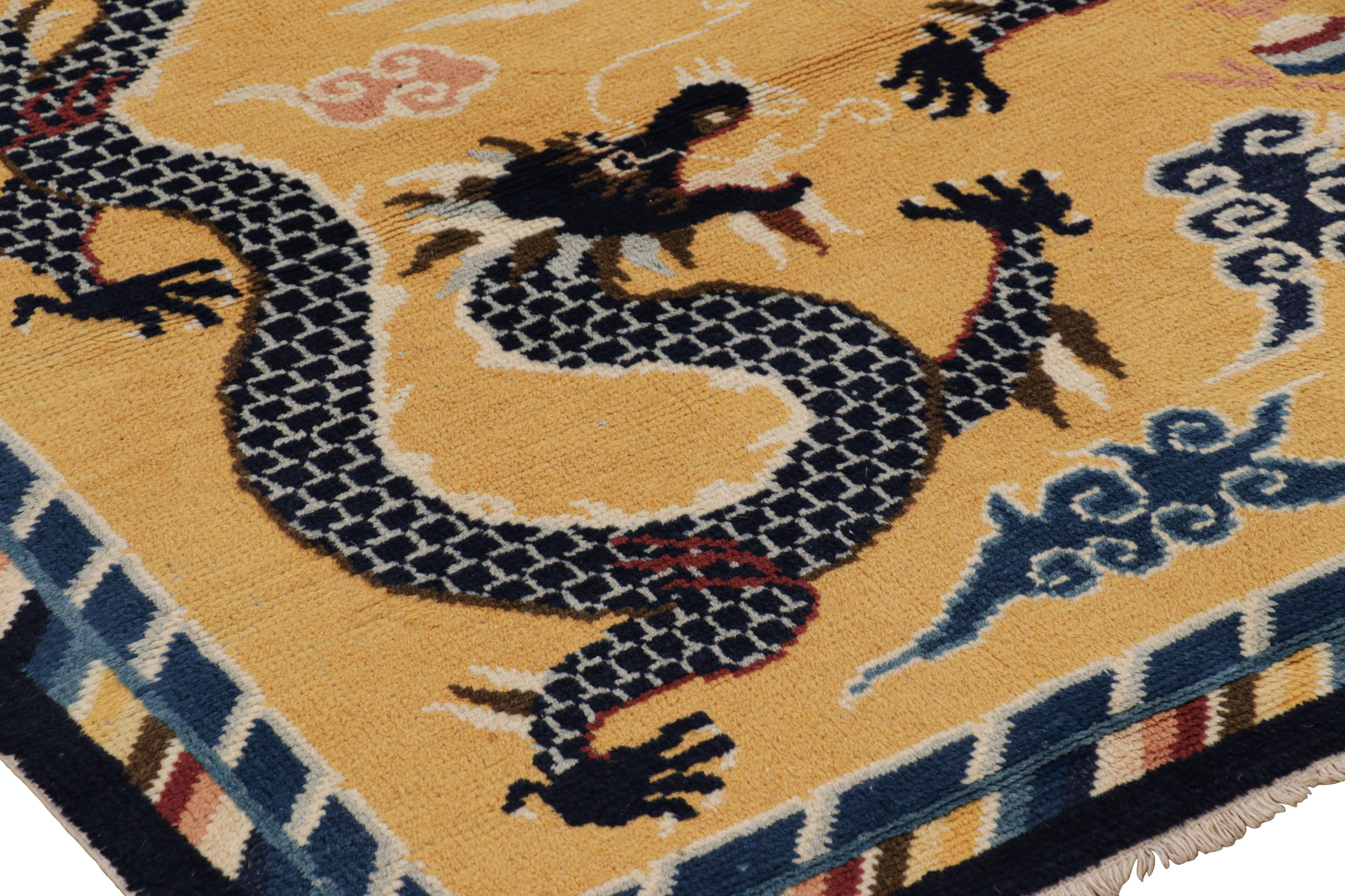 Chinese Vintage Pictorial Dragon Rug In Gold With Geometric Borders by Rug & Kilim For Sale