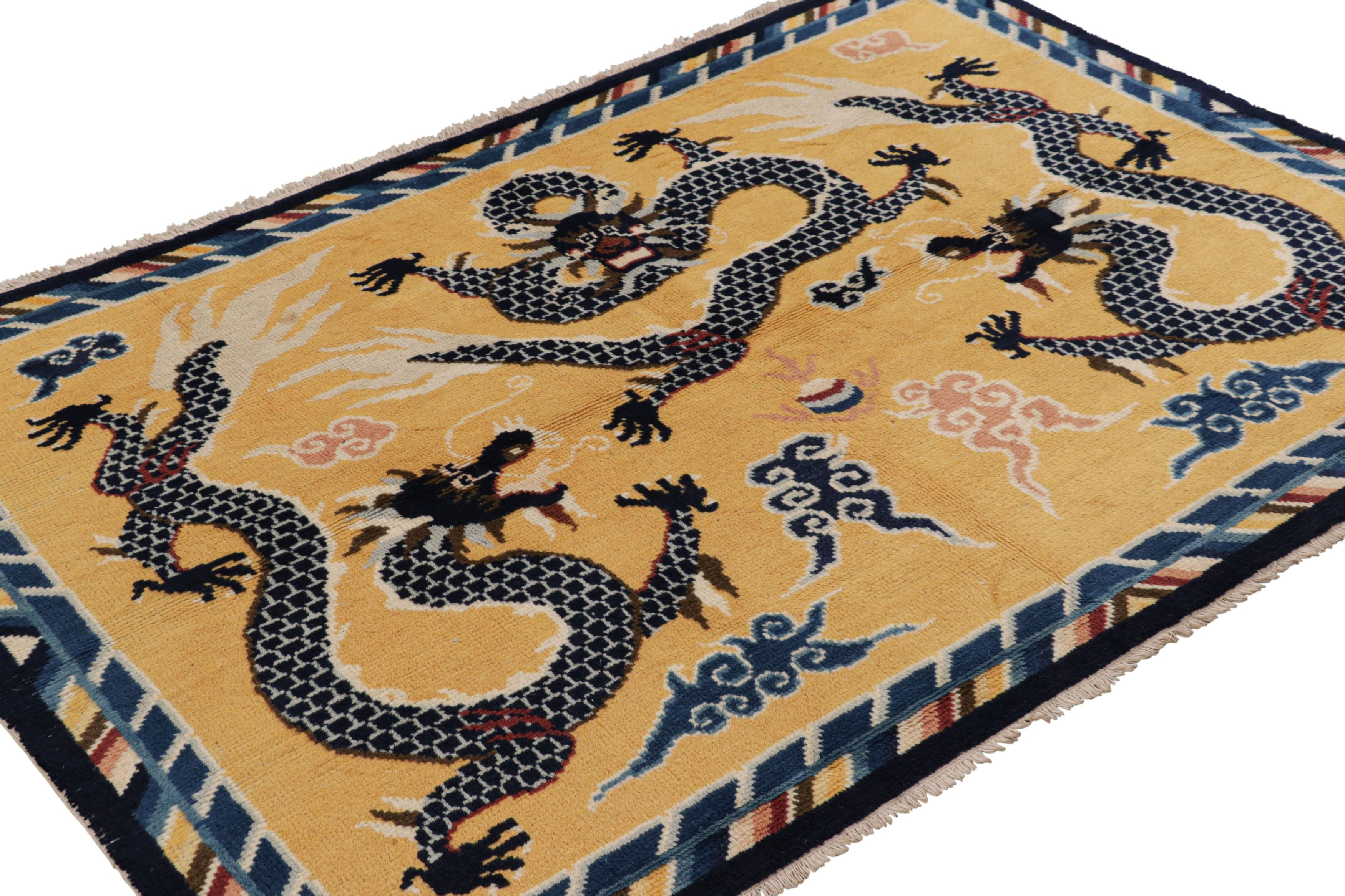 Vintage Pictorial Dragon Rug In Gold With Geometric Borders by Rug & Kilim In Good Condition For Sale In Long Island City, NY