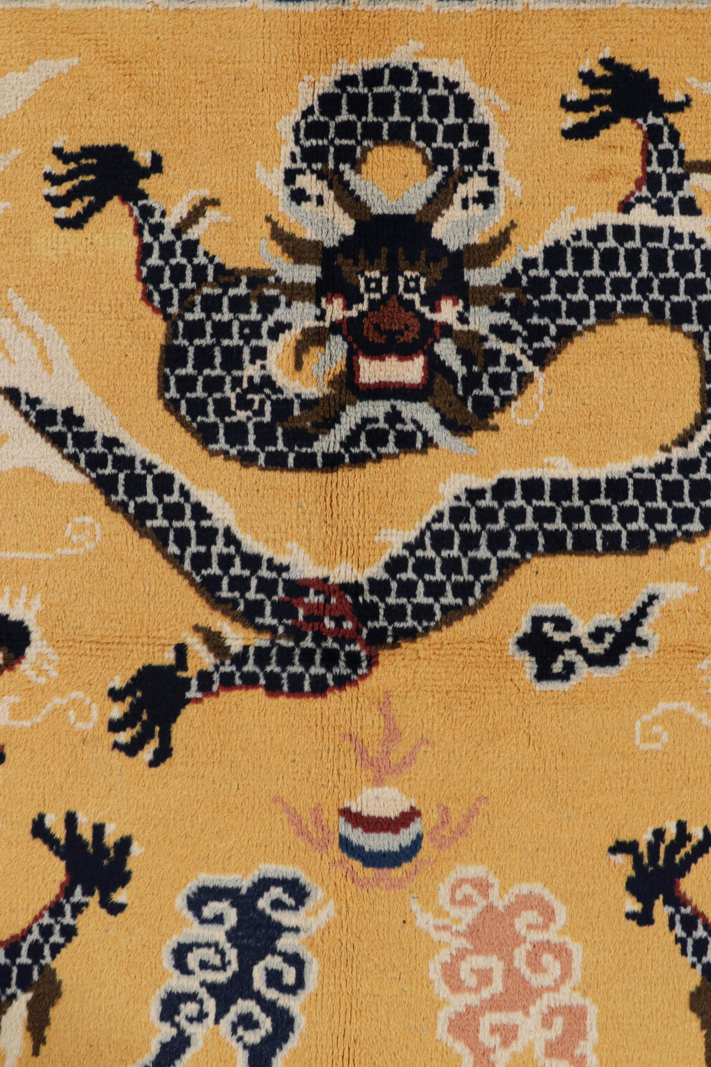 Mid-20th Century Vintage Pictorial Dragon Rug In Gold With Geometric Borders by Rug & Kilim For Sale