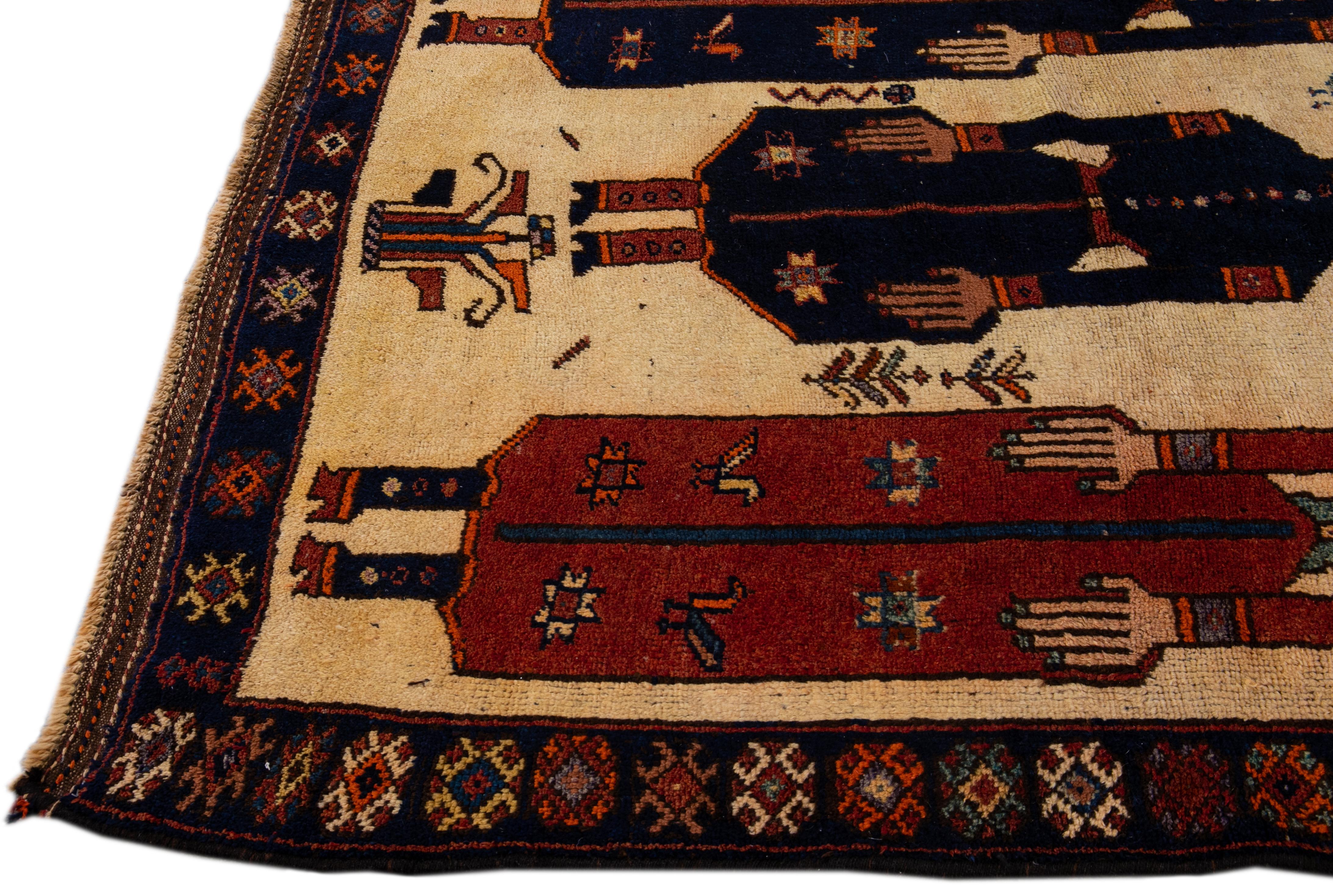 Asian Vintage Pictorial Gabbeh Handmade Pictorial Beige Wool Rug For Sale