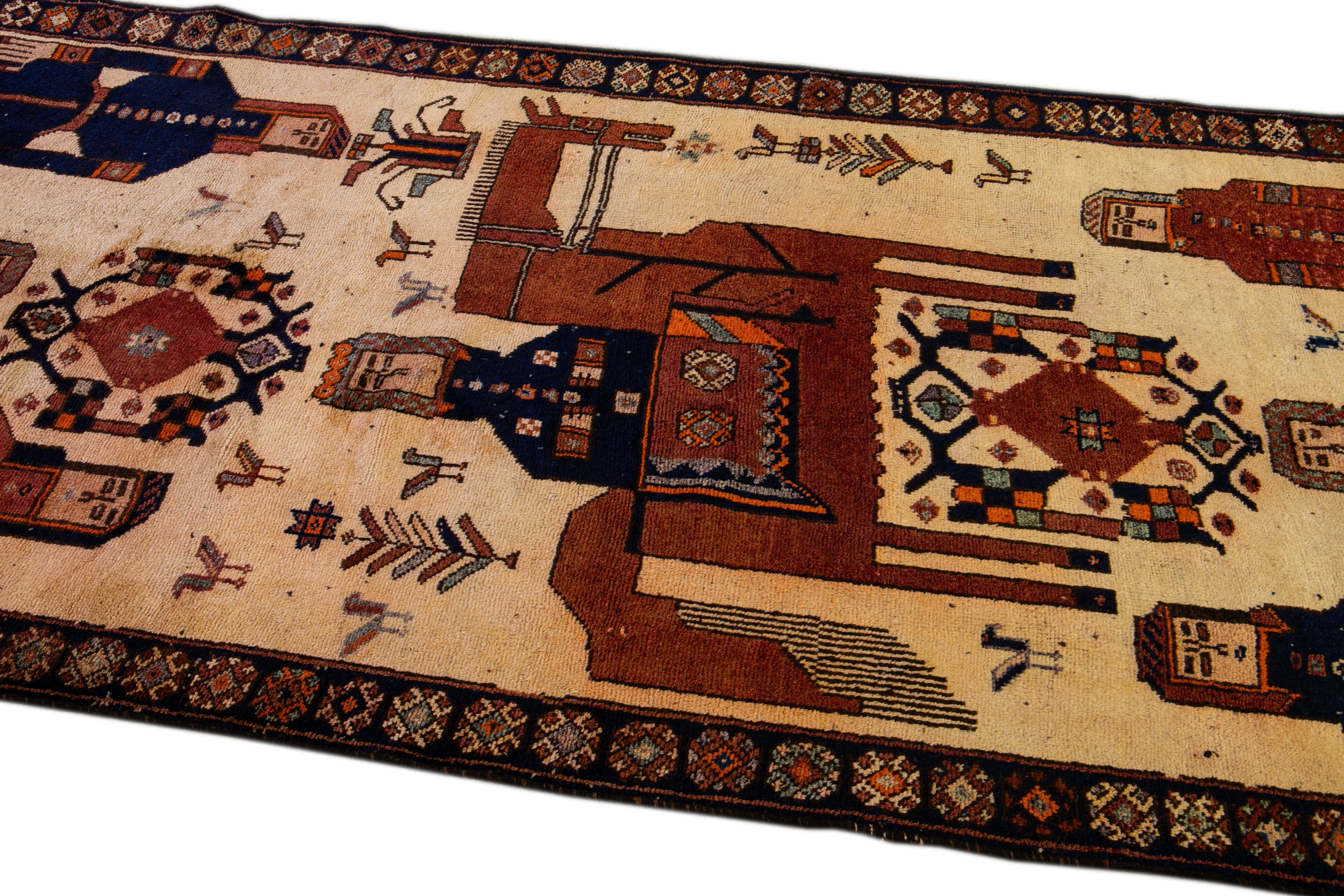 Hand-Knotted Vintage Pictorial Gabbeh Handmade Pictorial Beige Wool Rug For Sale