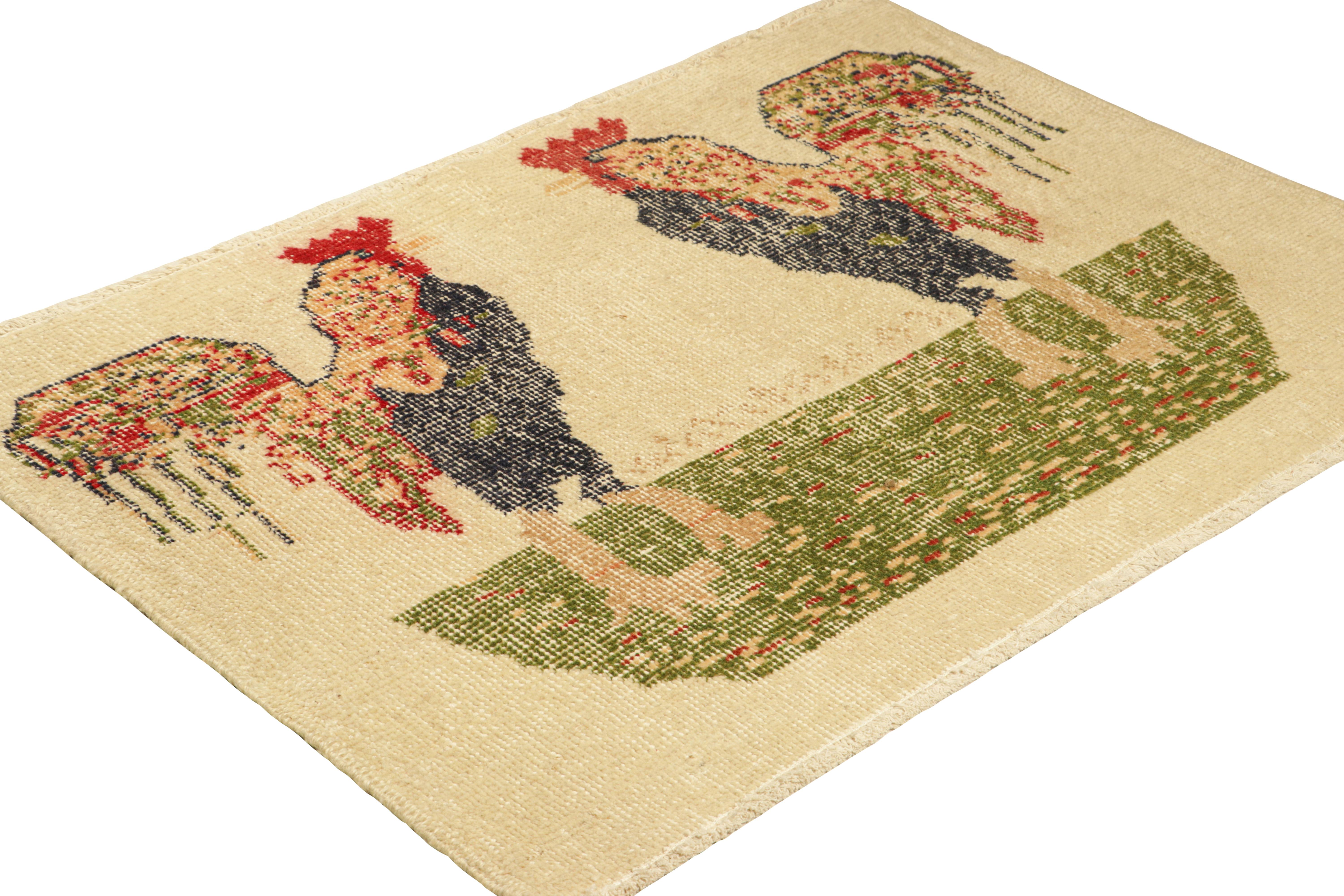 Hand-Knotted Vintage PIctorial Rug in Beige with Twin Roosters, from Rug & Kilim For Sale