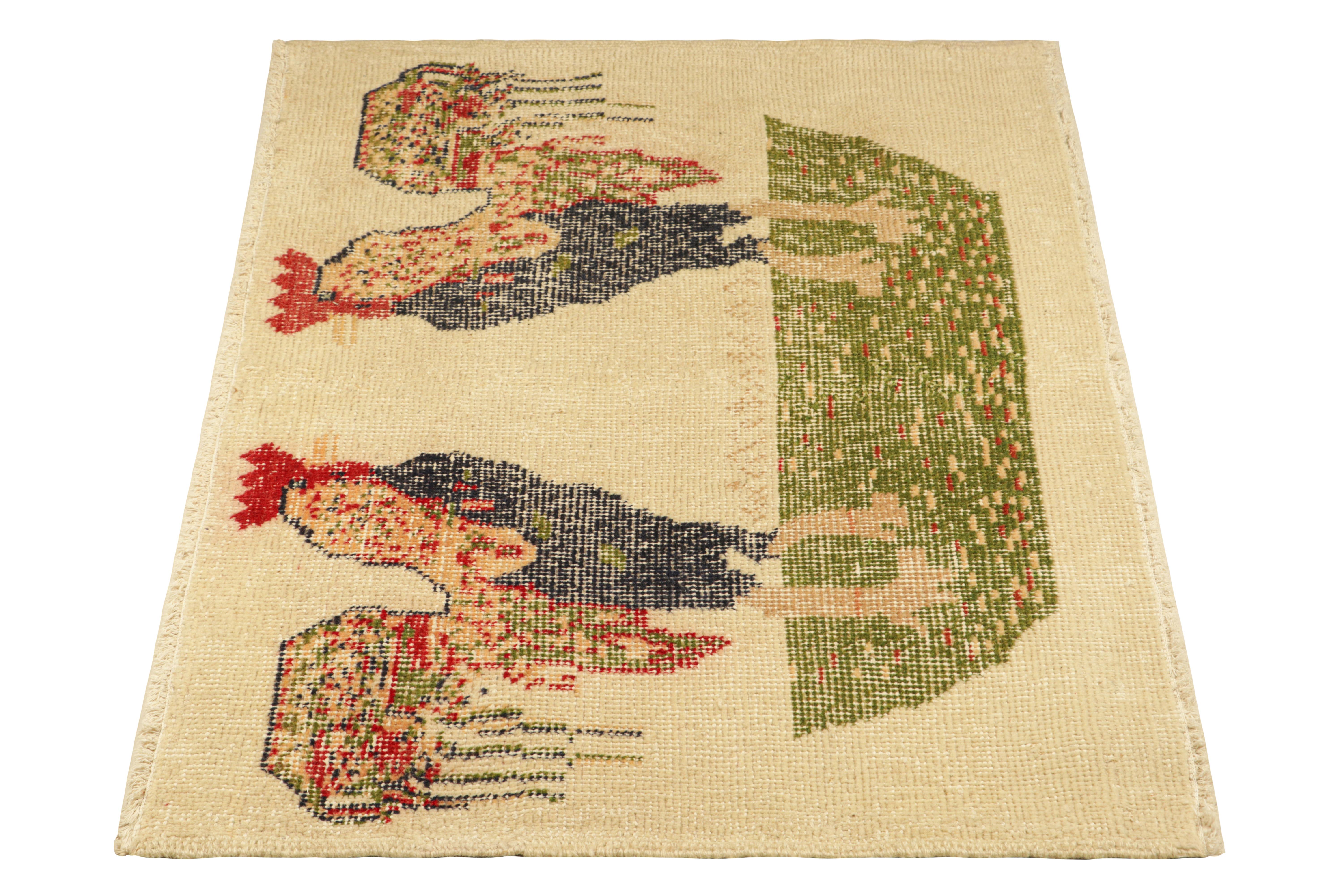 Vintage PIctorial Rug in Beige with Twin Roosters, from Rug & Kilim In New Condition For Sale In Long Island City, NY