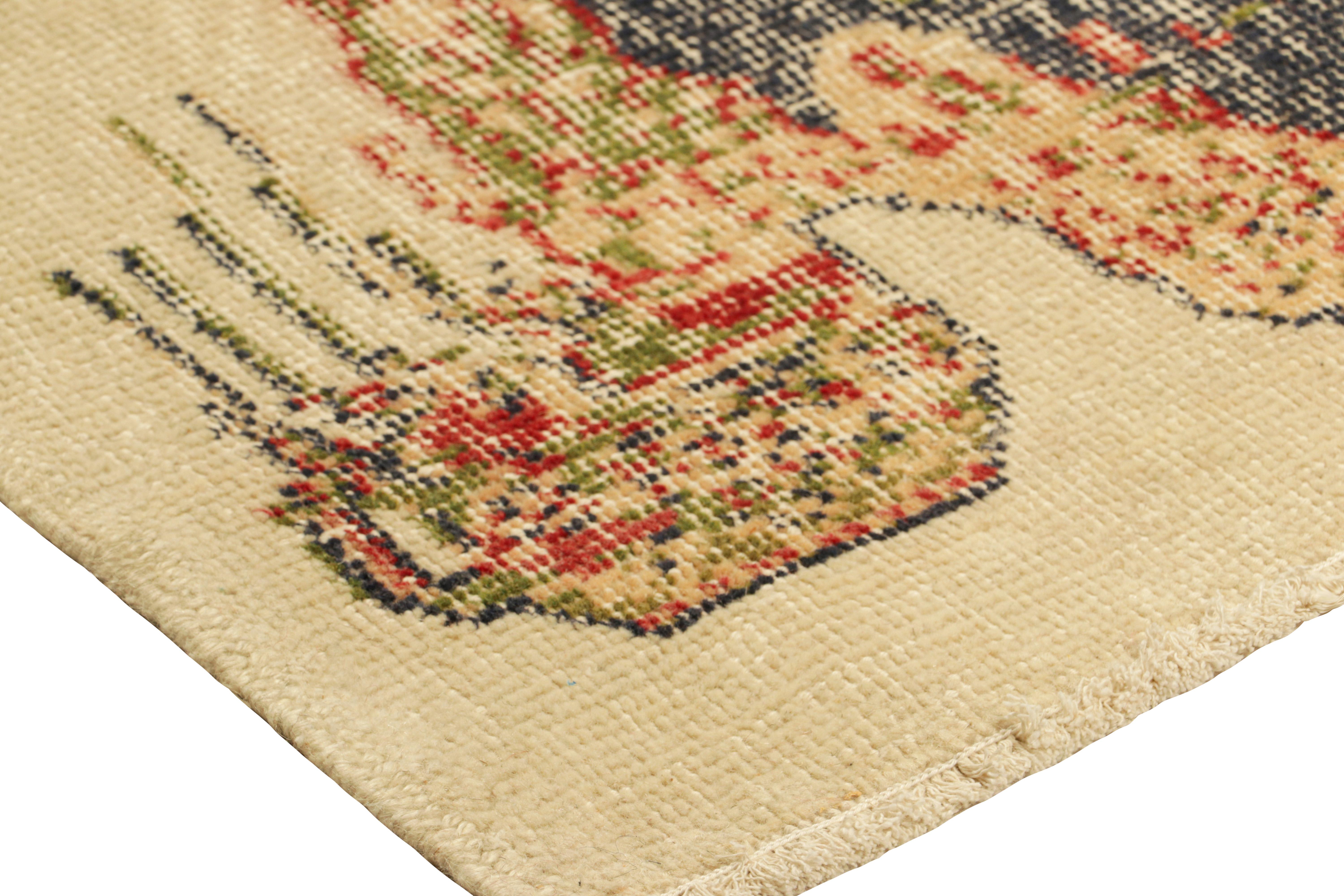 Contemporary Vintage PIctorial Rug in Beige with Twin Roosters, from Rug & Kilim For Sale