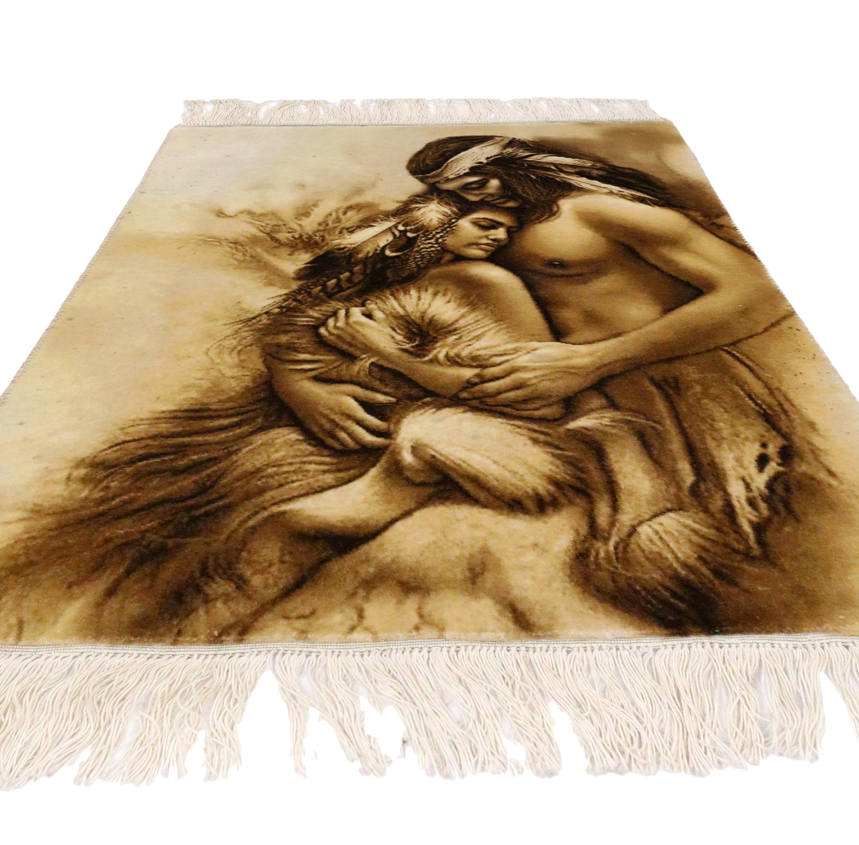 Perse Tapis pictural vintage avec deux couples amérindiens, tenture murale en tapisserie en vente