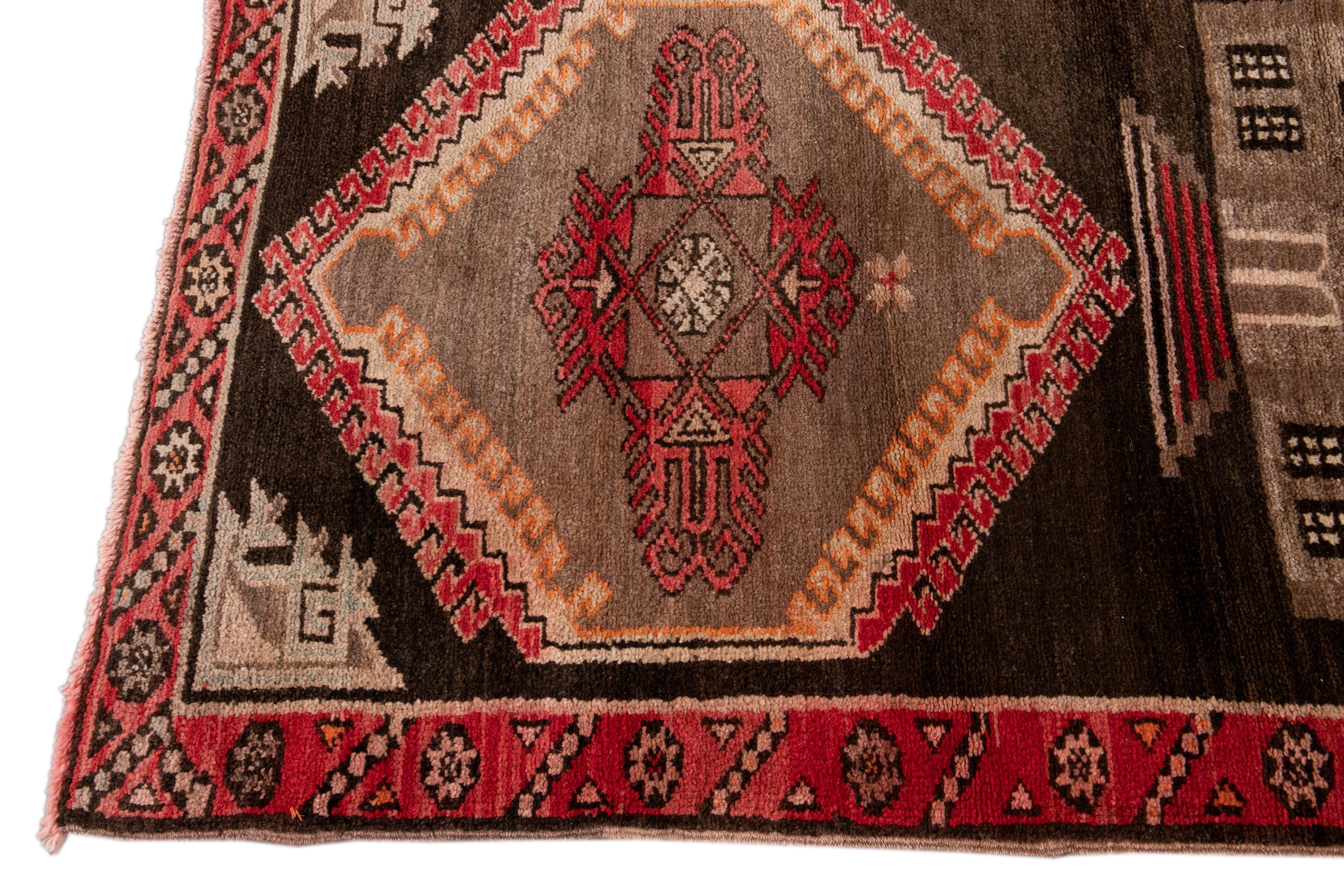 Uzbek Vintage Pictorial Turkish Brown Wool Rug For Sale