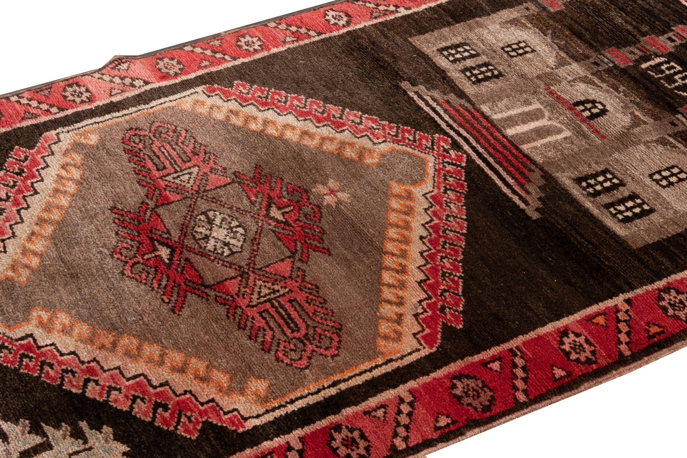 Vintage Pictorial Turkish Brown Wool Rug In Good Condition For Sale In Norwalk, CT