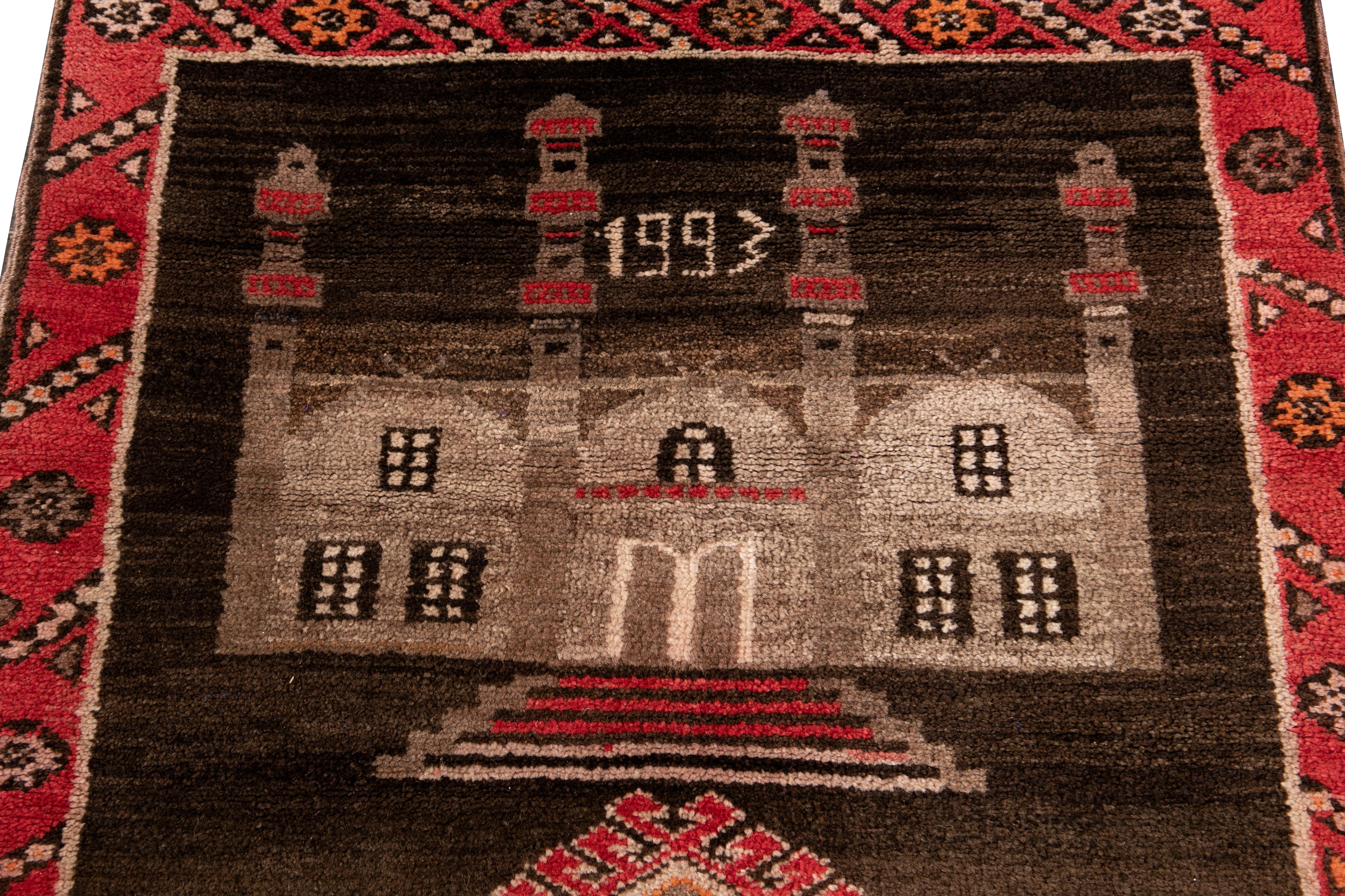Late 20th Century Vintage Pictorial Turkish Brown Wool Rug For Sale