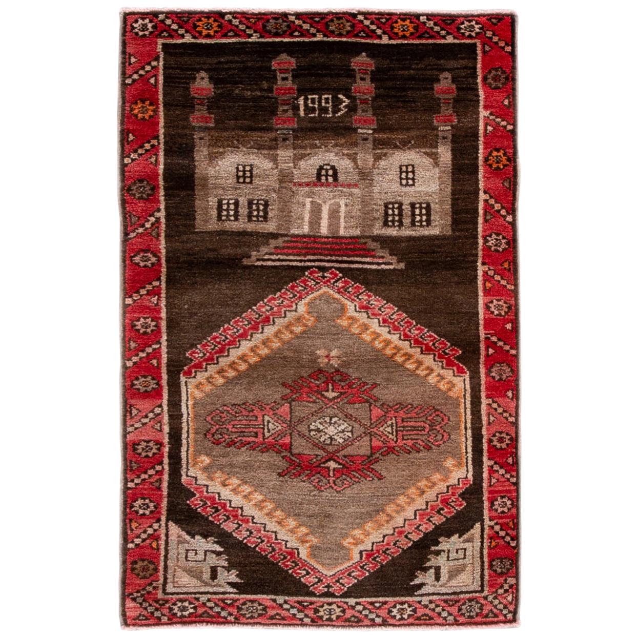 Vintage Pictorial Turkish Brown Wool Rug For Sale