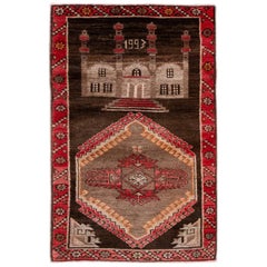 Tapis pictural turc vintage en laine marron