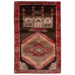 Tappeto vintage pittorico in lana marrone