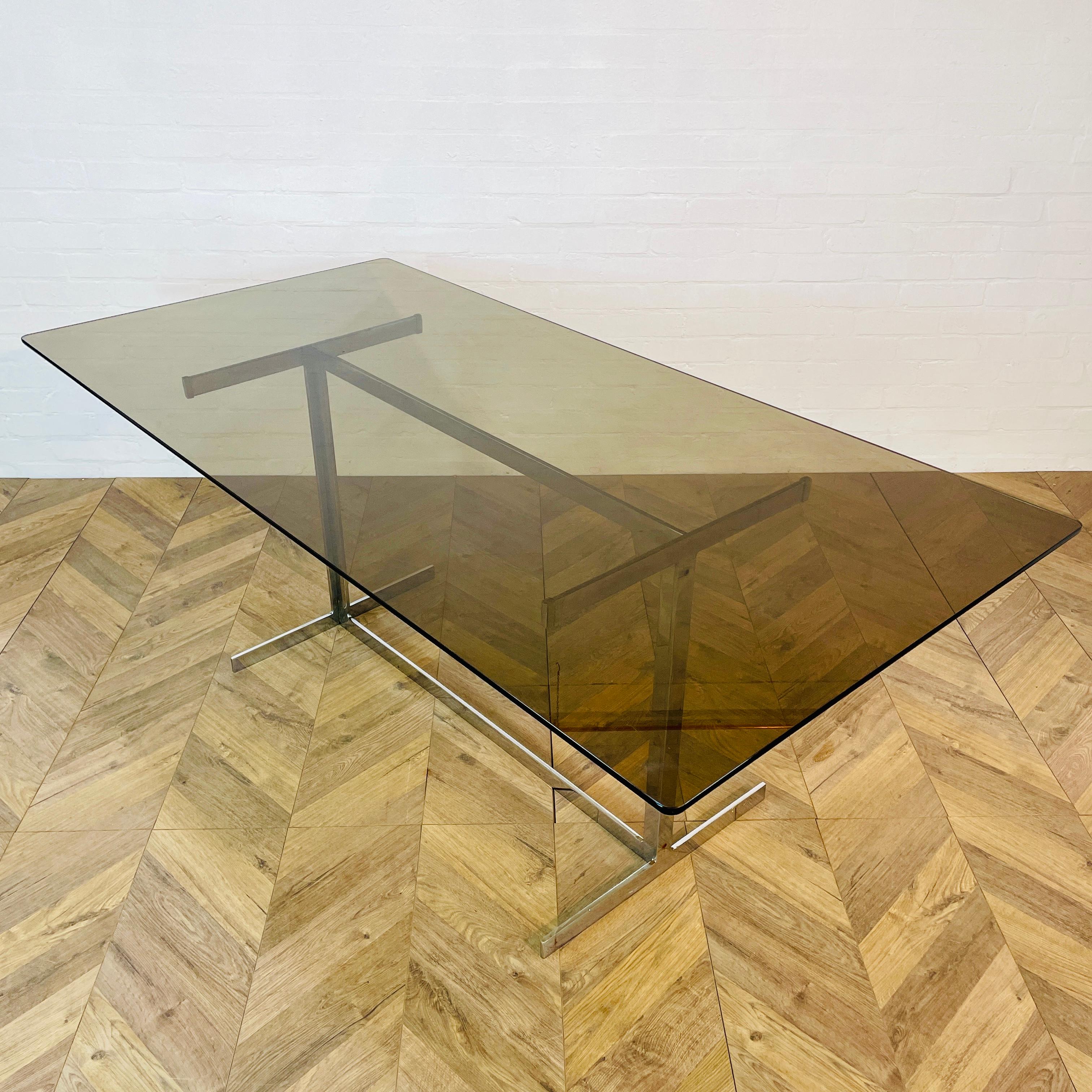 British Vintage Pieff Smoked Glass + Chrome Dining Table by Tim Bates, 1970s