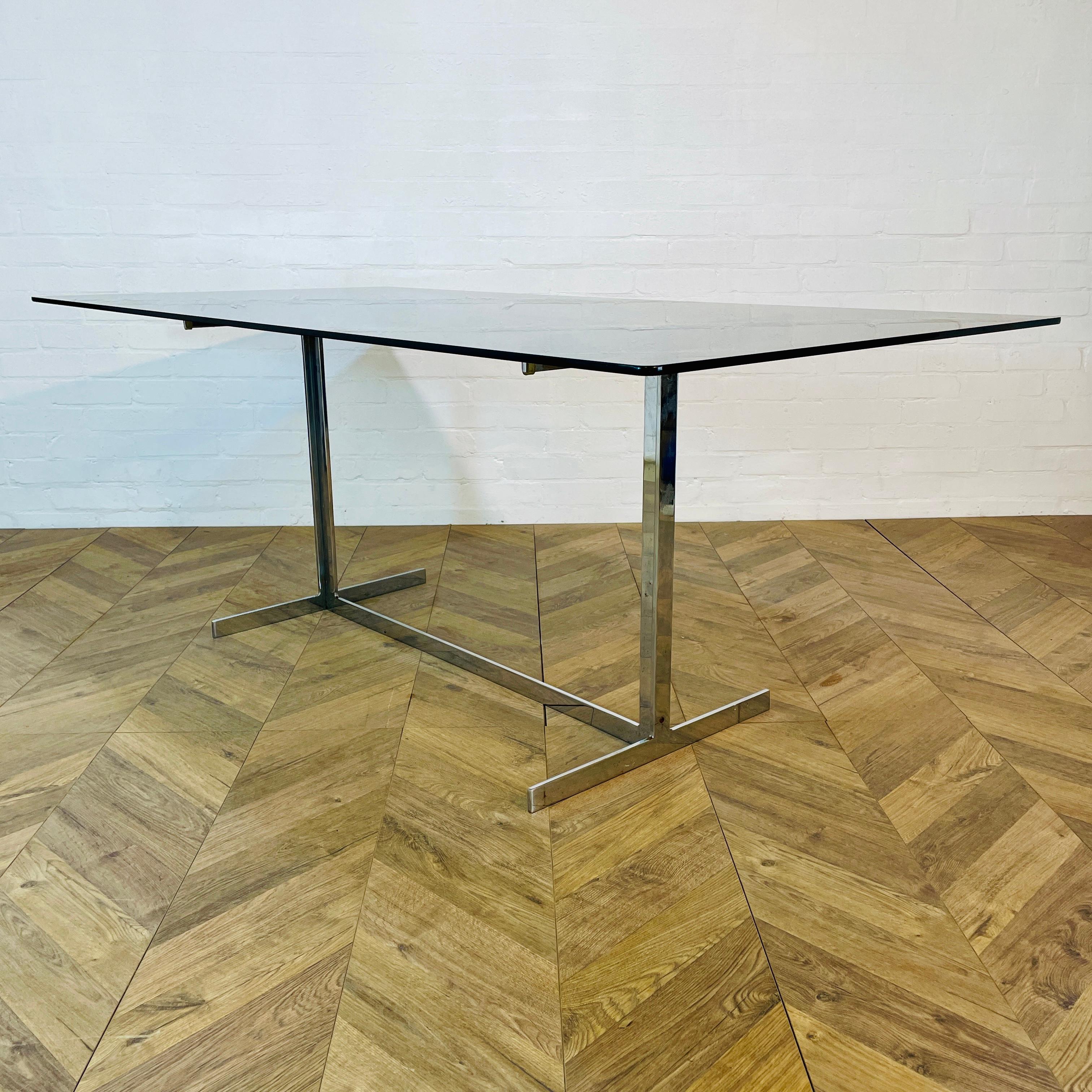 Vintage Pieff Smoked Glass + Chrome Dining Table by Tim Bates, 1970s In Good Condition In Ely, GB