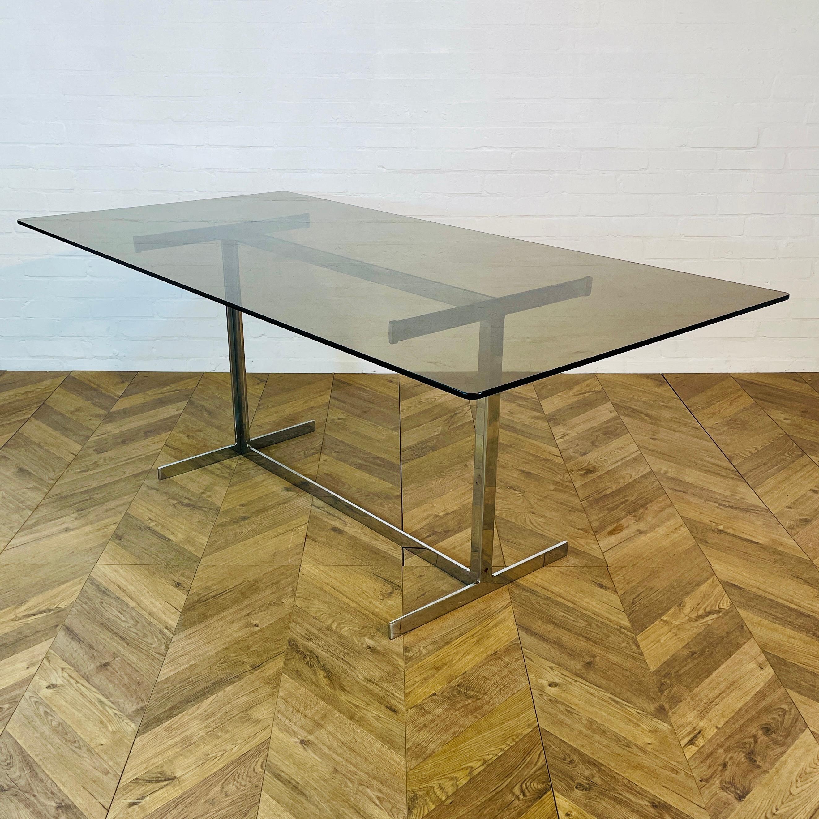 Vintage Pieff Smoked Glass + Chrome Dining Table by Tim Bates, 1970s 3
