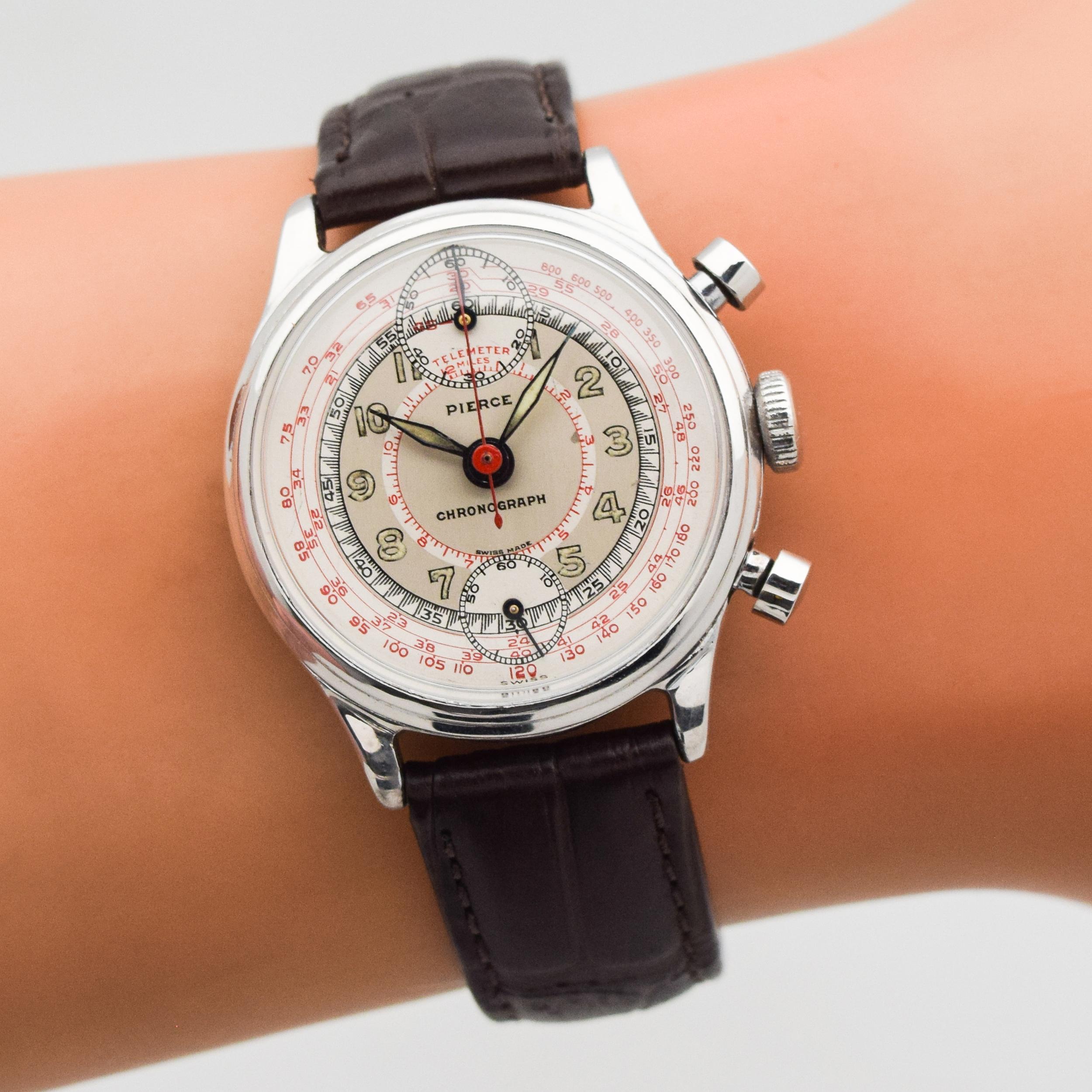 Vintage Pierce Chronograph Chrome and Stainless Steel Watch, 1940s 1