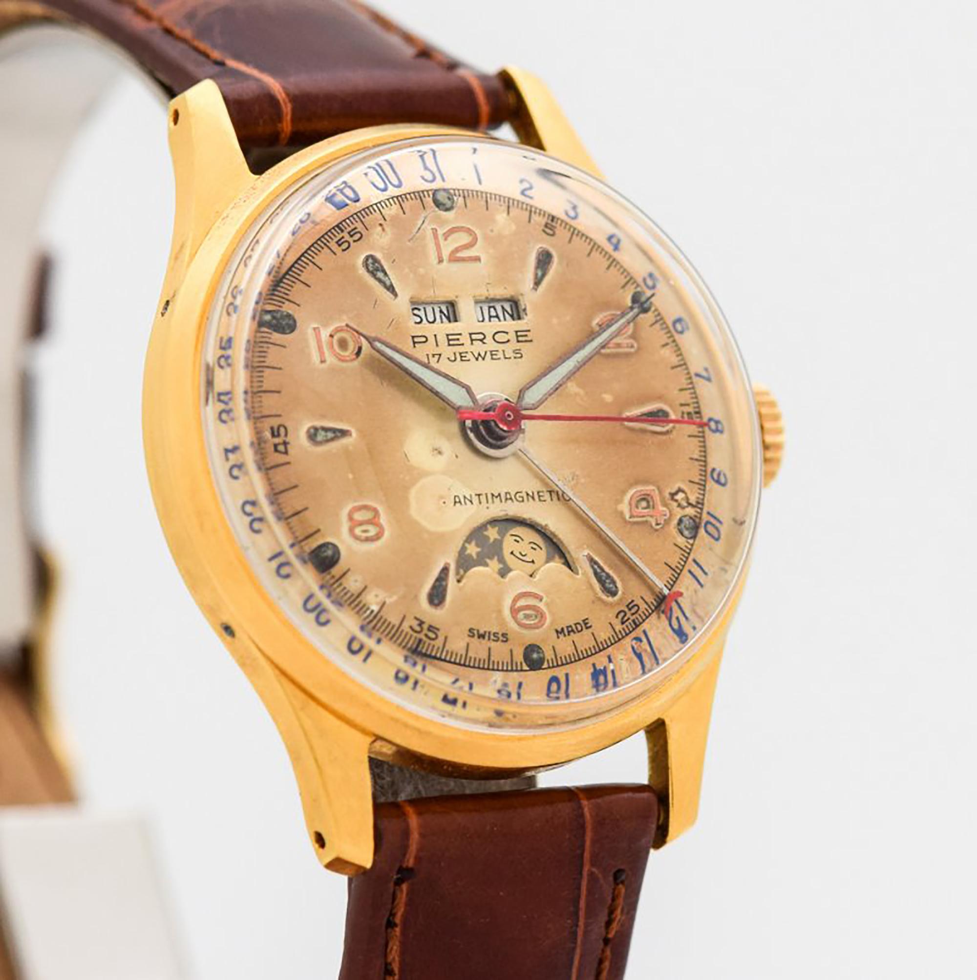 1950's Vintage Pierce Calendar Triple Date (Month, Day, and Date) Moon-Phase 14k Yellow Gold Plated with Stainless Steel Case Back watch with Original Gold Caramelized Patina Dial with Raised Gold Arabic and Elongated Arrow Markers. 32mm x 40mm lug