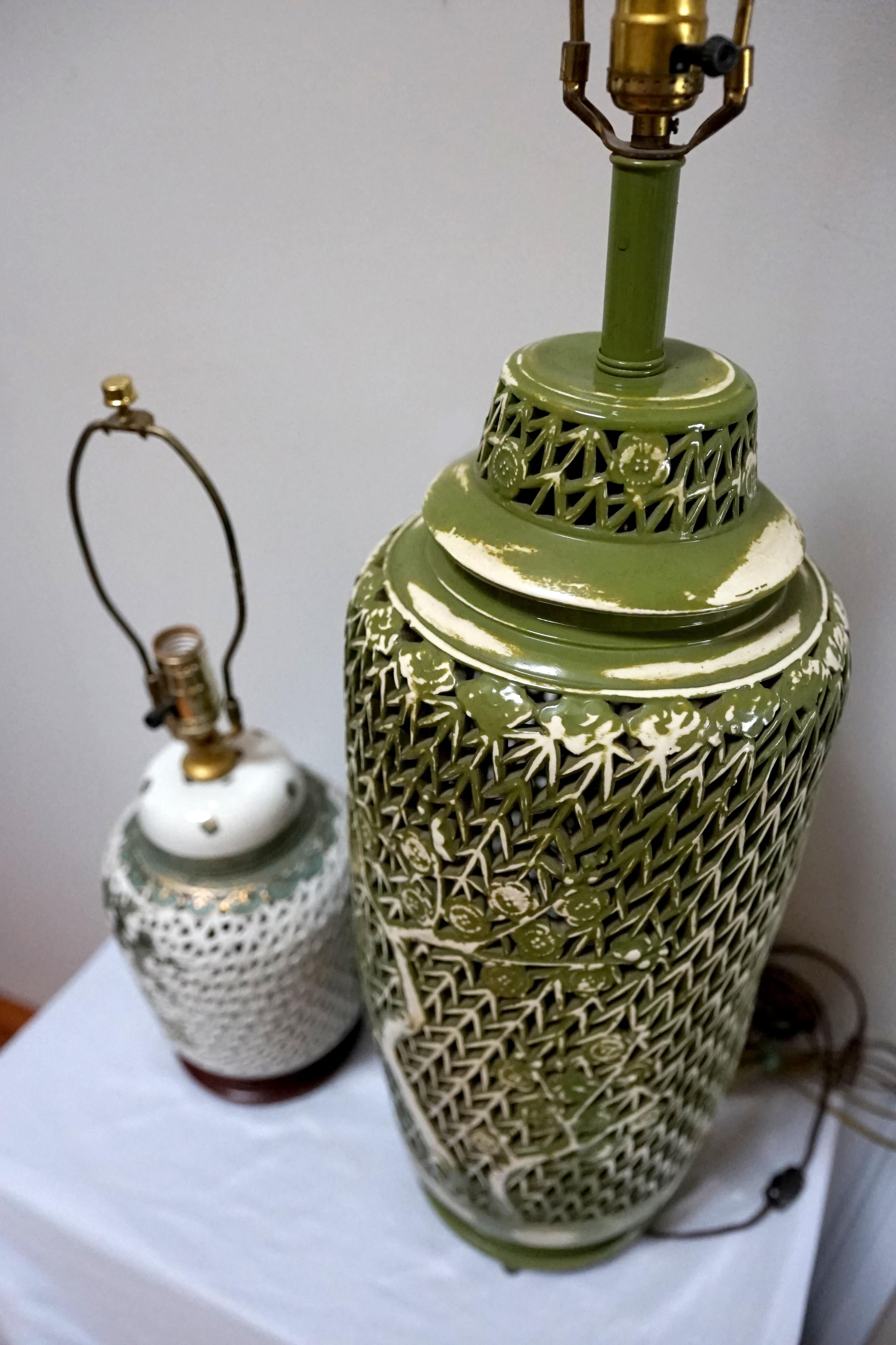 American Vintage Pierced Ceramic Green on White, White on Green Chinoiserie Lamps For Sale