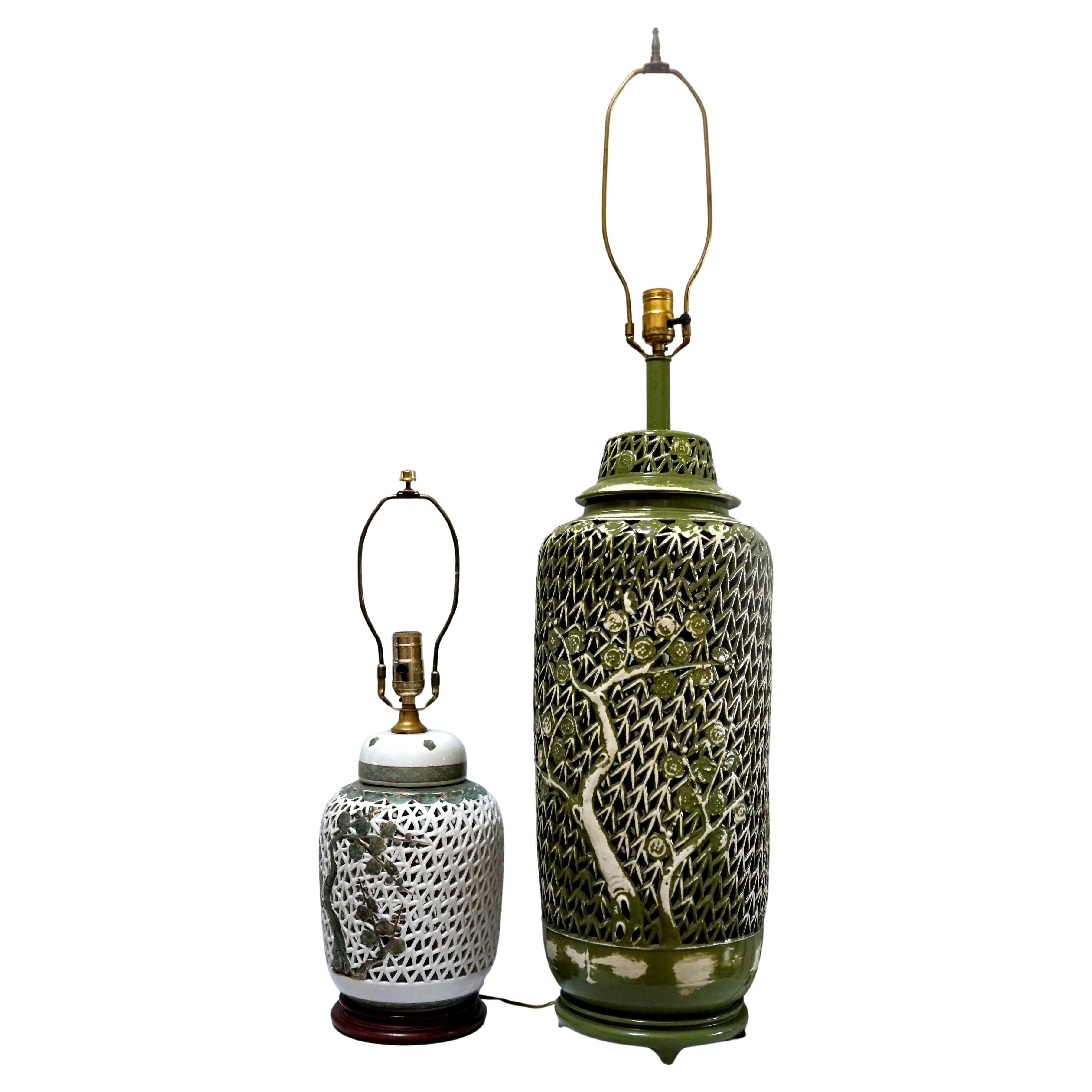 Vintage Pierced Ceramic Green on White, White on Green Chinoiserie Lamps For Sale