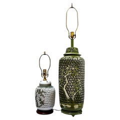 Lámparas vintage de cerámica perforada verde sobre blanco, blanco sobre verde Chinoiserie