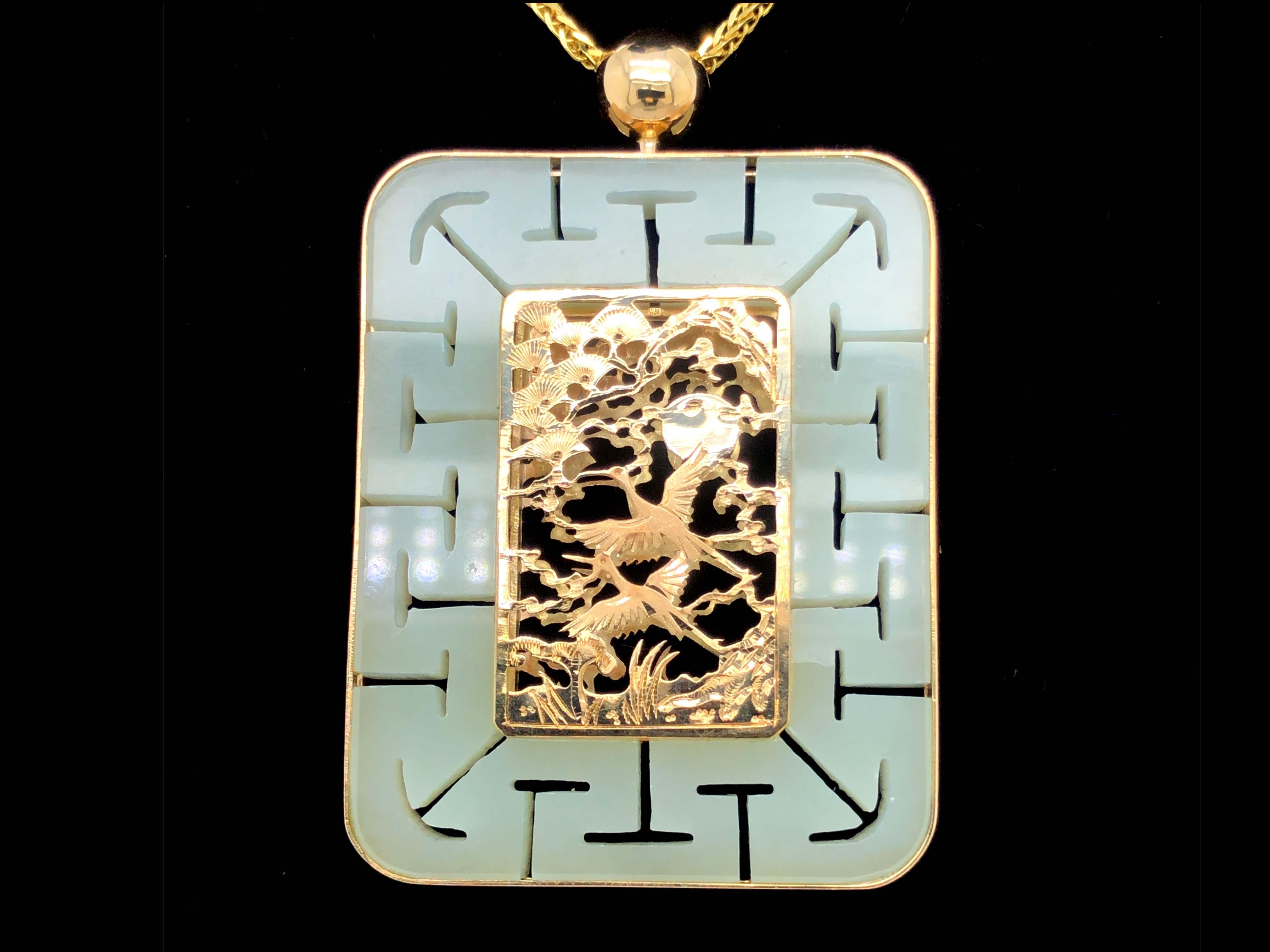 Square Cut Vintage Pierced Pale Green Nephrite Jade Pendant and Chain For Sale