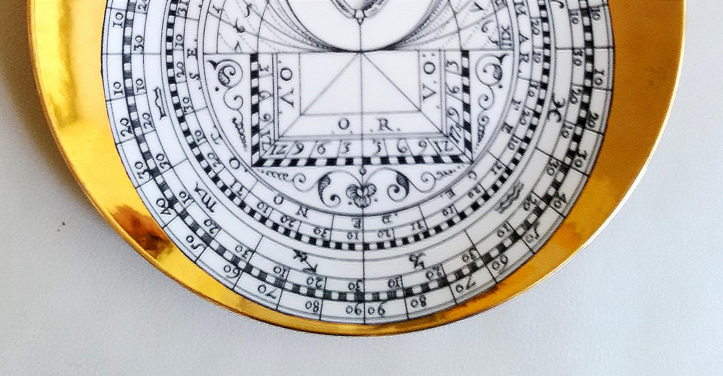 Vintage Piero Fornasetti astrolabe porcelain plate,
Dated 1966

The bronze gilt plate has a central panel in black and white depicting a celestial globe with panels containing numbers and a central armorial device surmounted with a banner reading