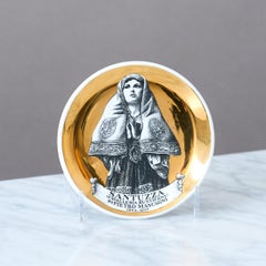 Vintage By Piero Fornasetti Vergoldete Keramikschale / Untersetzer 'Melodramma', Italien 1950er Jahre