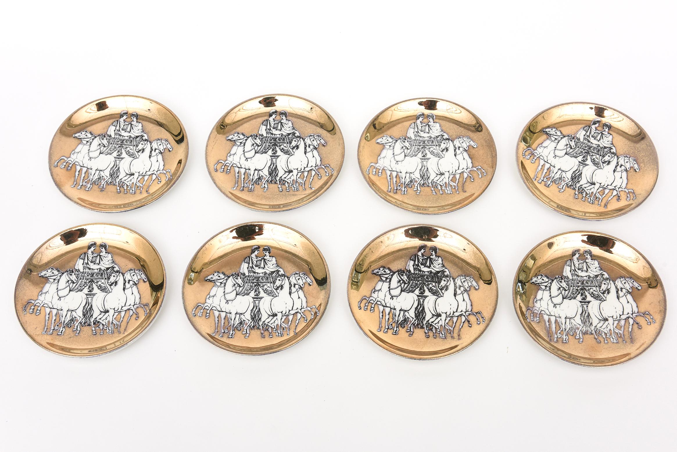 Vintage PIero Fornasetti Chariot Porcelain Gilded Coasters Barware Set of 8 For Sale 5