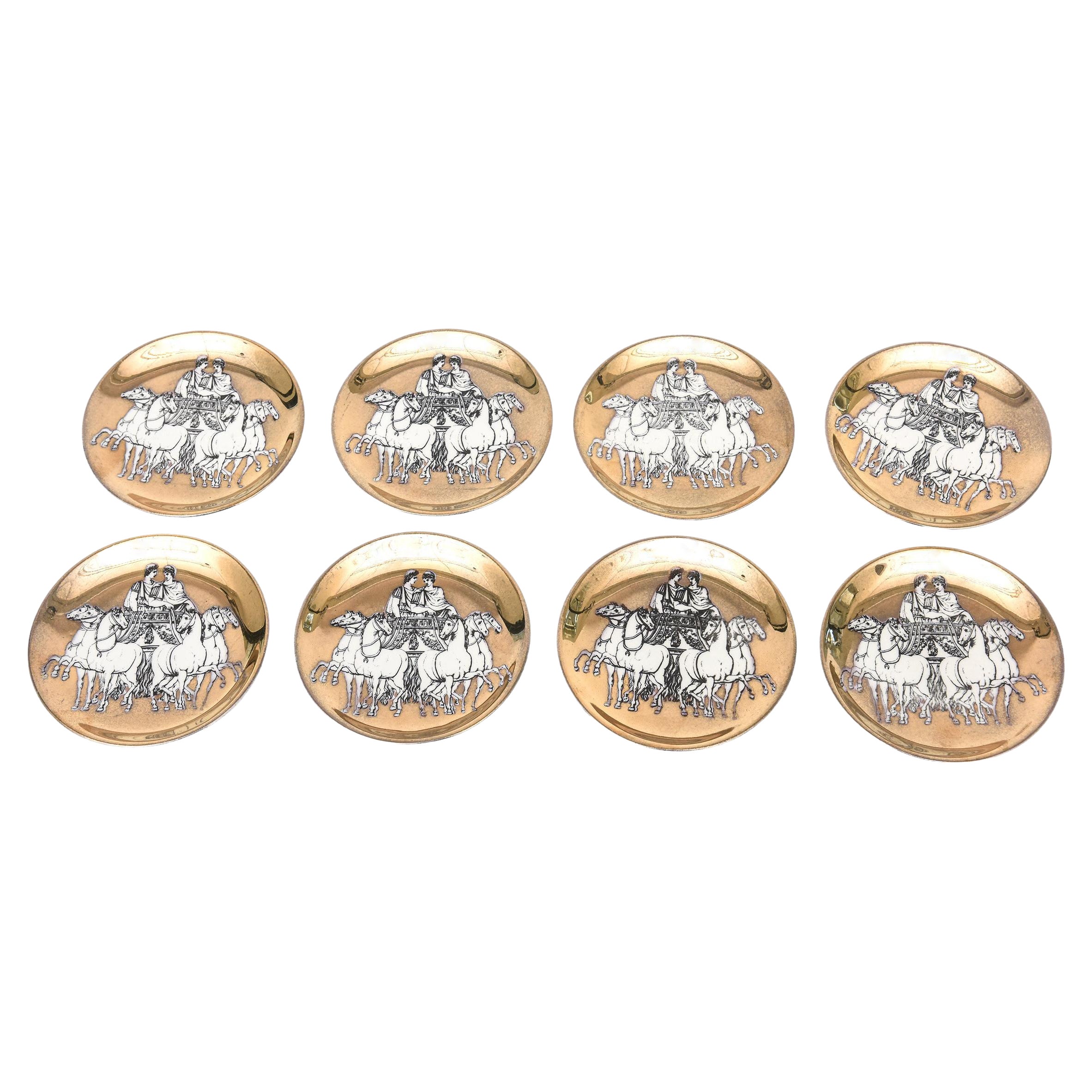 Vintage PIero Fornasetti Chariot Porcelain Gilded Coasters Barware Set of 8