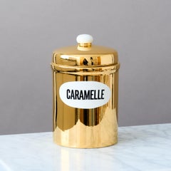 Tarro vintage Piero Fornasetti de cerámica dorada pintada a mano "Caramelle", Italia Años 60.