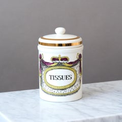 Vintage Piero Fornasetti Tarro de cerámica pintado a mano "Pañuelos de papel", Italia Años 60.