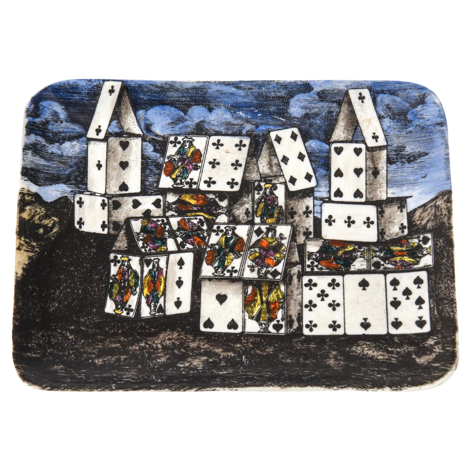 Vintage Piero Fornasetti House of Cards Surrealist Porcelain Tray or Dish, Blues