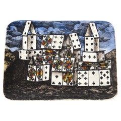 Vintage Piero Fornasetti House of Cards Surrealist Porcelain Tray or Dish, Blues