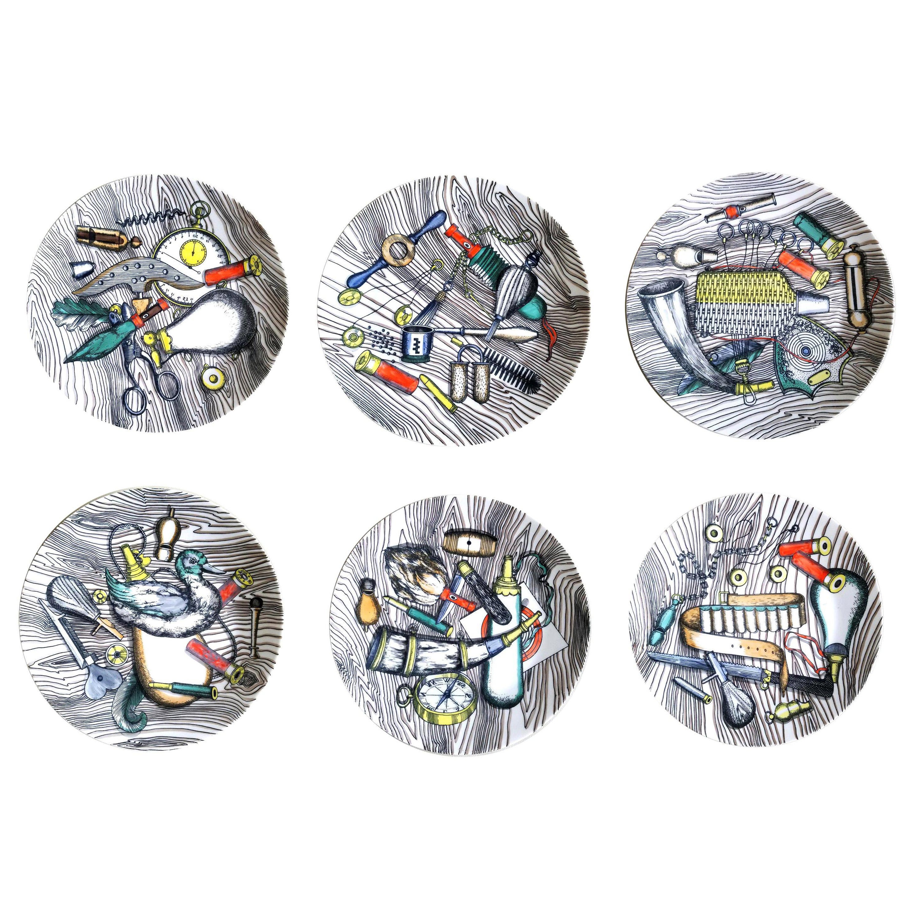 Vintage Piero Fornasetti Porcelain with Hunting Objects-Set of Six Plates