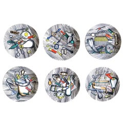Vintage Piero Fornasetti Porcelain with Hunting Objects-Set of Six Plates