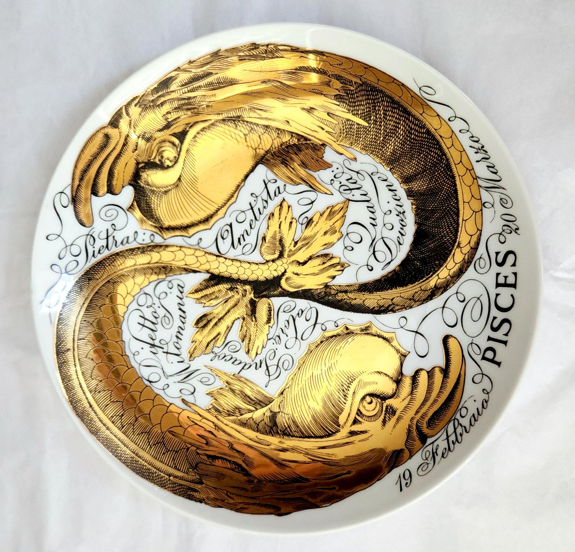 Late 20th Century Vintage Piero Fornasetti Porcelain Zodiac Plate,  Astrological Sign of Pisces For Sale