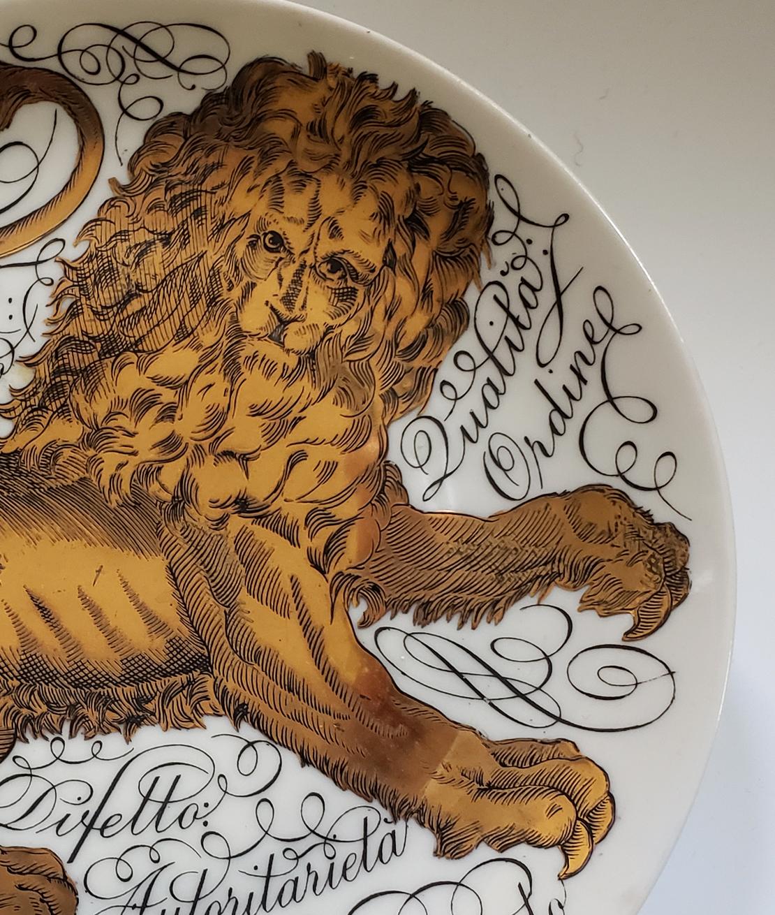 Vintage Piero Fornasetti Porcelain zodiac plate,
Leo,
Astrali Pattern,
Made for Corisia,
Dated 1965, No 2.

The plate for the sign LEO is dated 1965 and is numbered #2. The plate depicts the Astrological Zodiac sign Leo which is painted in
