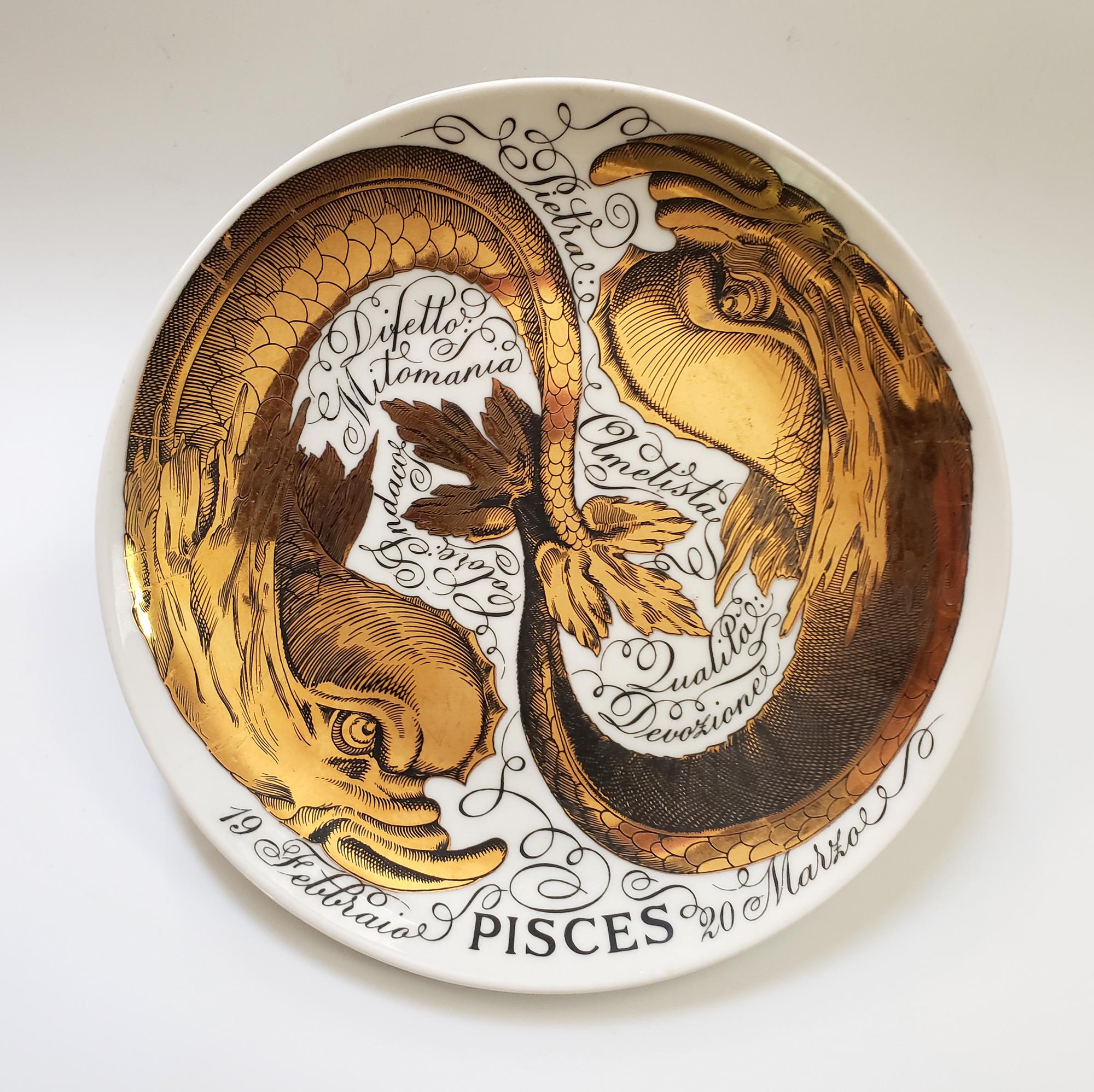 Vintage Piero Fornasetti Porcelain Zodiac Plate, 
Pisces, 
Astrali Pattern,
Made for Corisia, 
Dated 1971, No 8

The plate for the sign PISCES is dated 1971 and is numbered #8. The plate depicts the Astrological Zodiac sign Pisces which is