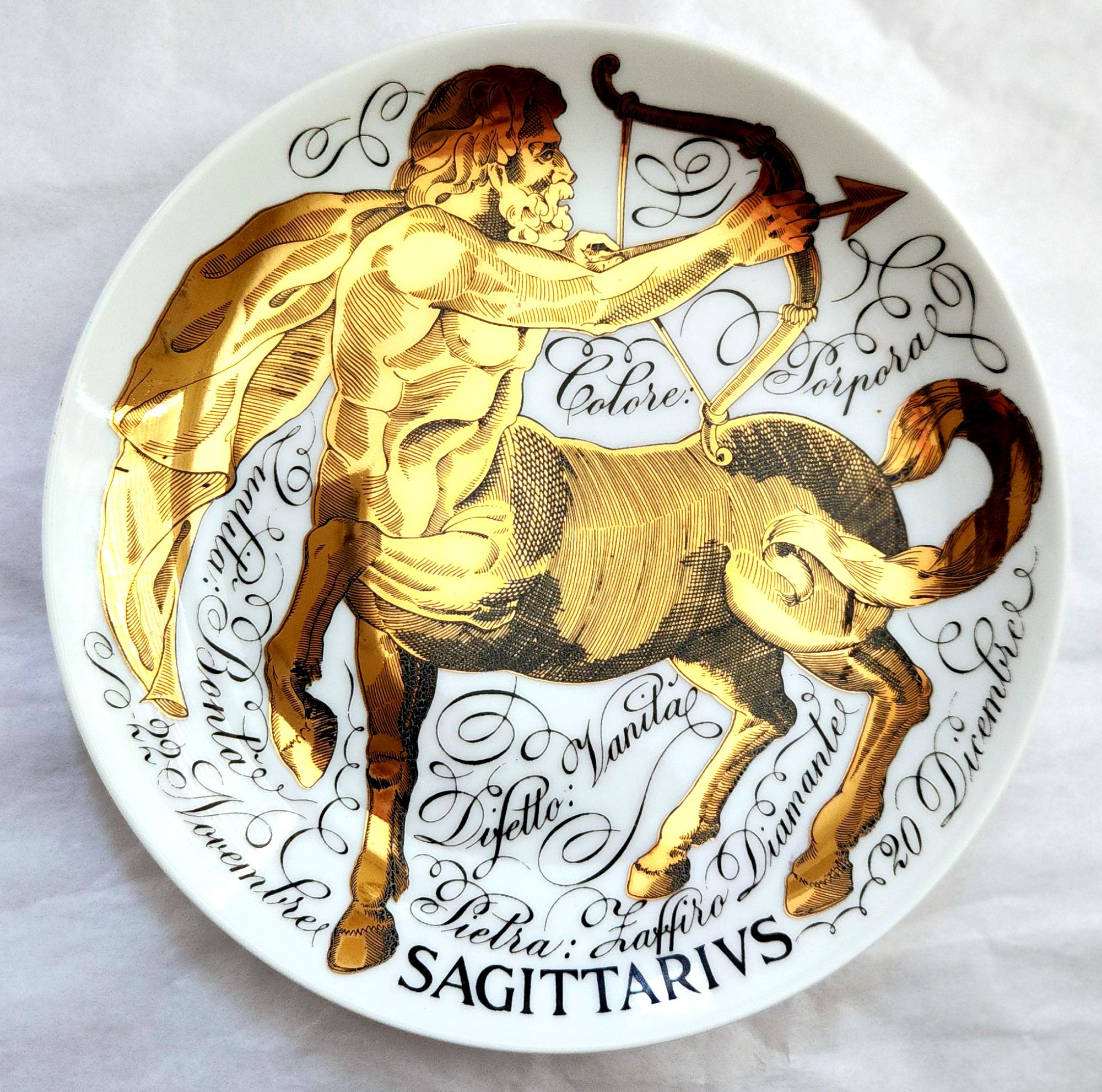 Vintage Piero Fornasetti Porcelain Zodiac Plate,
Sagittarius,
Astrali Pattern,
Made for Corisia,
Dated 1975, No 12.

The plate for the sign SAGITTARIUS is dated 1975 and is numbered #12.  The plate depicts the Astrological Zodiac sign Sagittarius