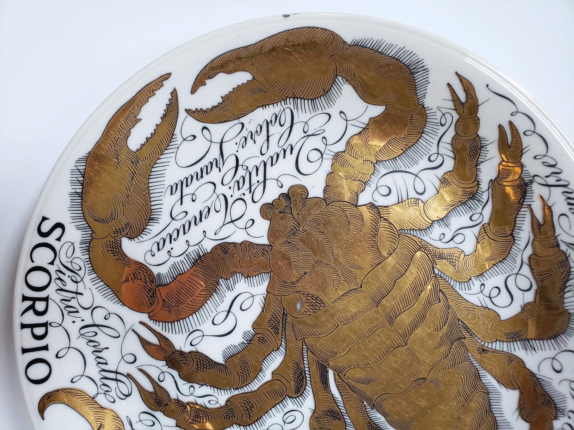 Vintage Piero Fornasetti Porcelain zodiac plate,
Scorpio,
Astrali Pattern,
Made for Corisia,
Dated 1967, No 4.

The plate for the sign SCORPIO is dated 1974 and is numbered #4. The plate depicts the Astrological Zodiac sign Cancer which is